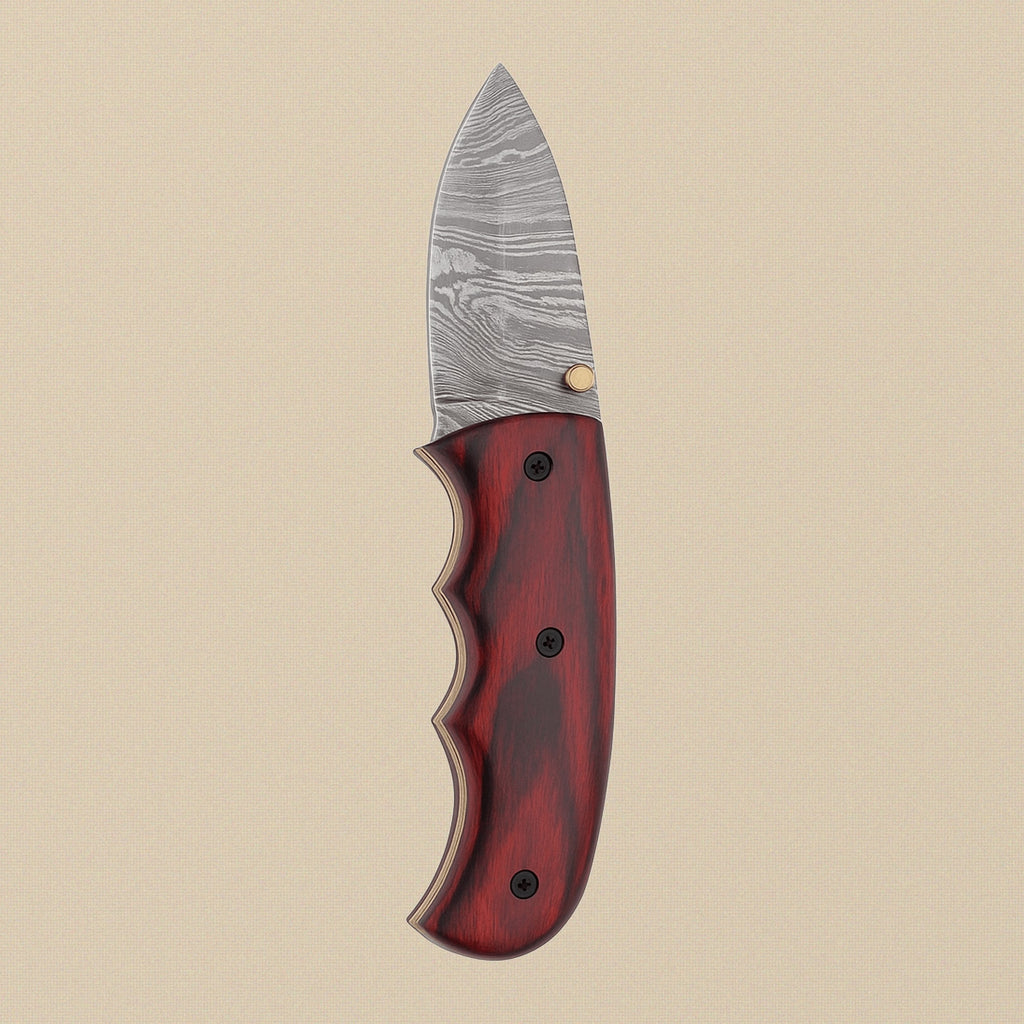 Folding Knife with 76mm Damascus Steel Blade, Red Pakkawood Handle and Leather Sheath | Folding Knife | Toolsmith Ltd UK
