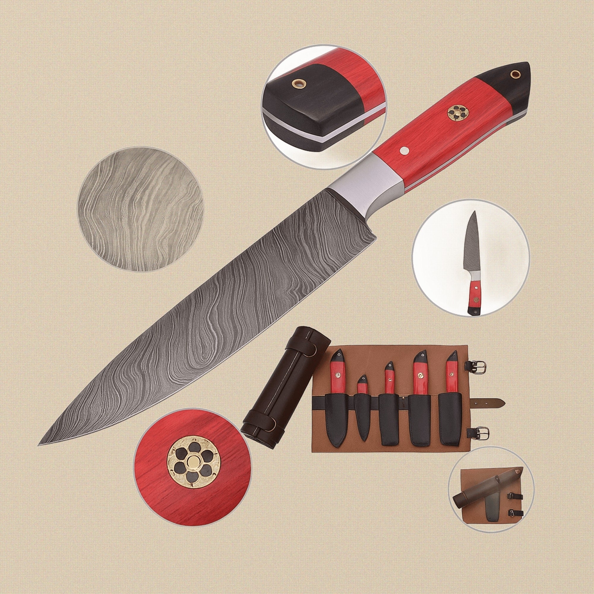 Hand-Forged Damascus Steel Kitchen Knife with Red Pakkawood Handle | Kitchen Knife | Toolsmith Ltd UK