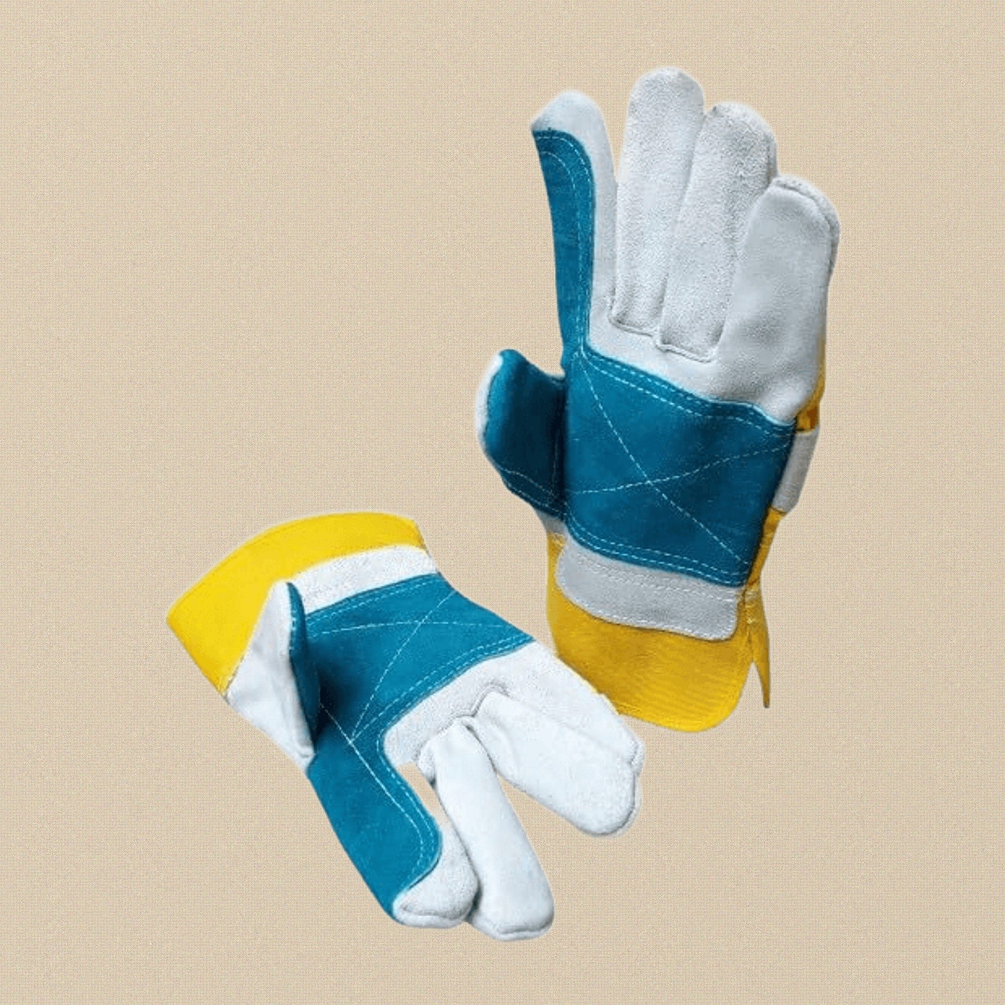 Leather Work Gloves, Canadian Rigger Style, Blue and Yellow Safety Palm Protection, One Size | Jewellery Making Tools | Toolsmith Ltd UK
