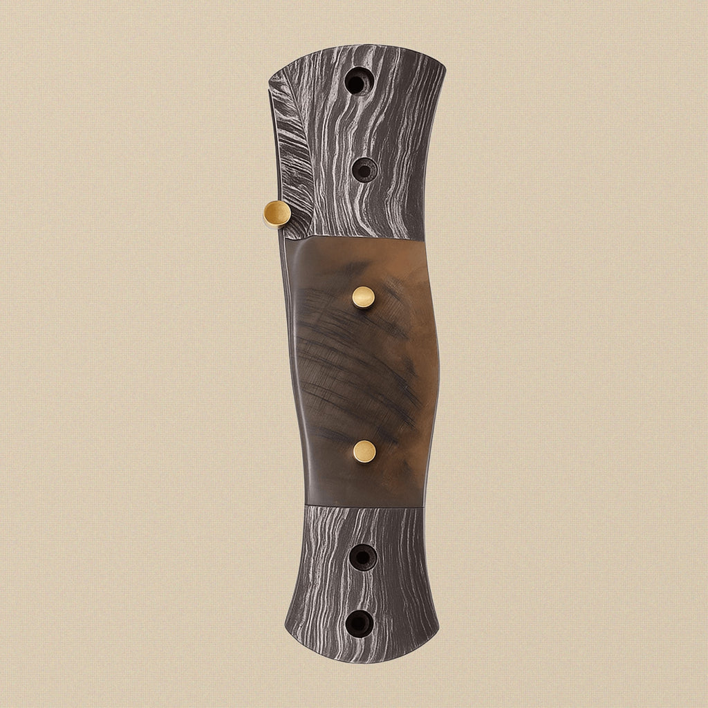 Ram-Horn Handled Folding Knife with Fire Pattern Damascus Blade & Leather Sheath, 190mm | Folding Knife | Toolsmith Ltd UK