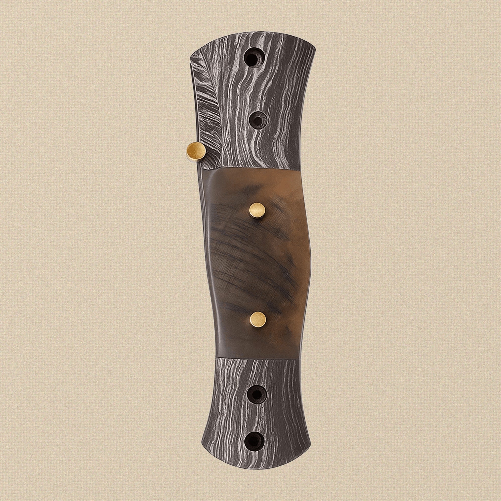 Ram-Horn Handled Folding Knife with Fire Pattern Damascus Blade & Leather Sheath, 190mm | Folding Knife | Toolsmith Ltd UK