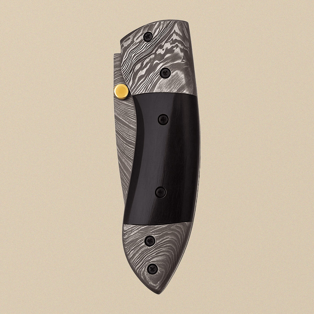 Buffalo Horn Handled Folding Knife with 76mm Damascus Steel Blade and Leather Sheath | Folding Knife | Toolsmith Ltd UK