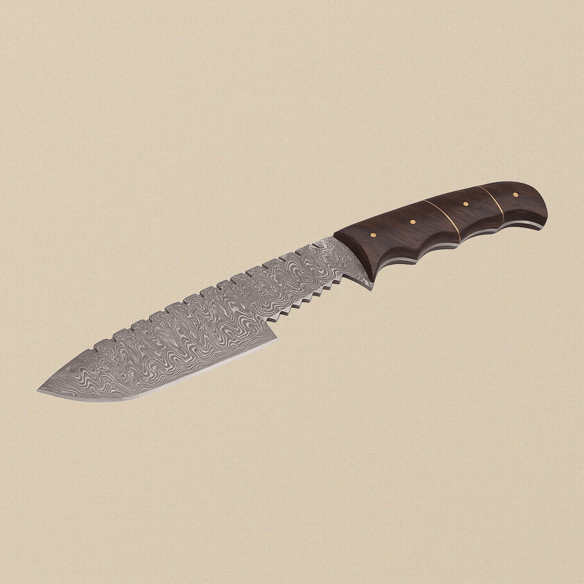 Damascus Steel Tracker Knife (8-inch Blade) with Ram Horn Handle and Leather Sheath | Knives | Toolsmith Ltd UK