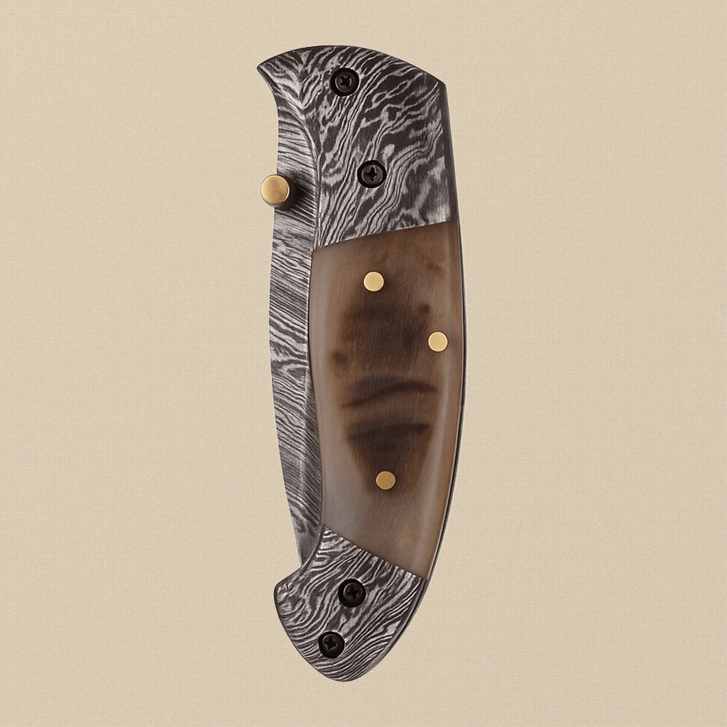 Folding Knife with Ram Horn Handle, 3.5" Fire Pattern Damascus Blade & Leather Sheath | Folding Knife | Toolsmith Ltd UK