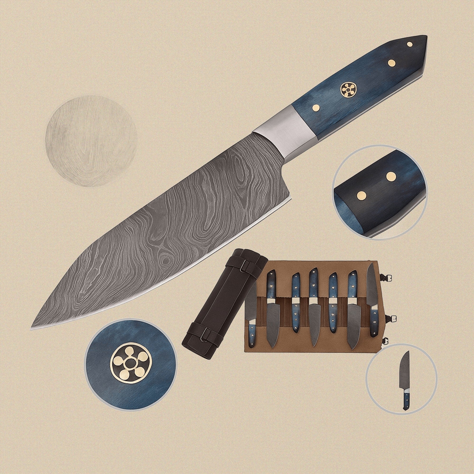 8-Piece Chef's Knife Set in Hand-Forged Damascus Steel with Coloured Bone Handles and Leather Roll | Kitchen Knife Set | Toolsmith Ltd UK