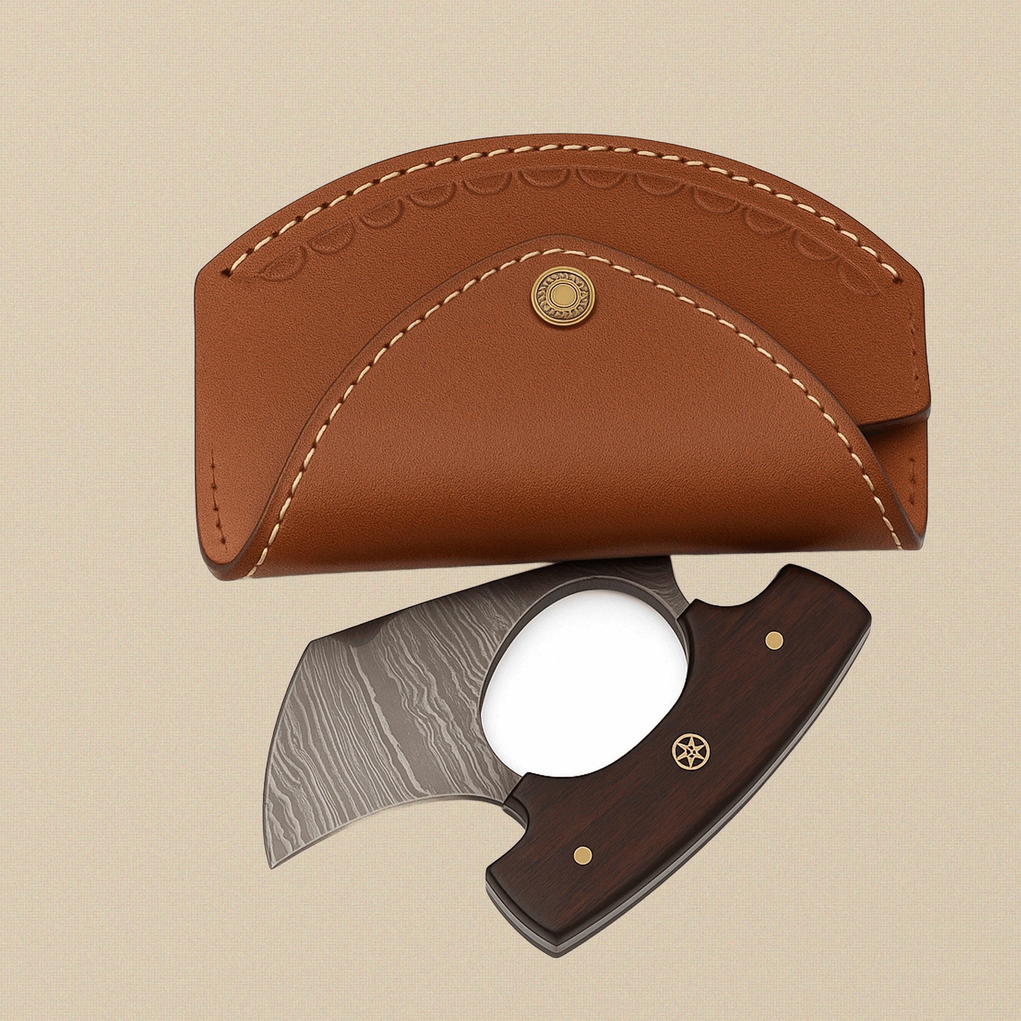 Ulu Knife with 6-inch Damascus Steel Blade, Rosewood Handle and Leather Sheath | Ulu Knife | Toolsmith Ltd UK