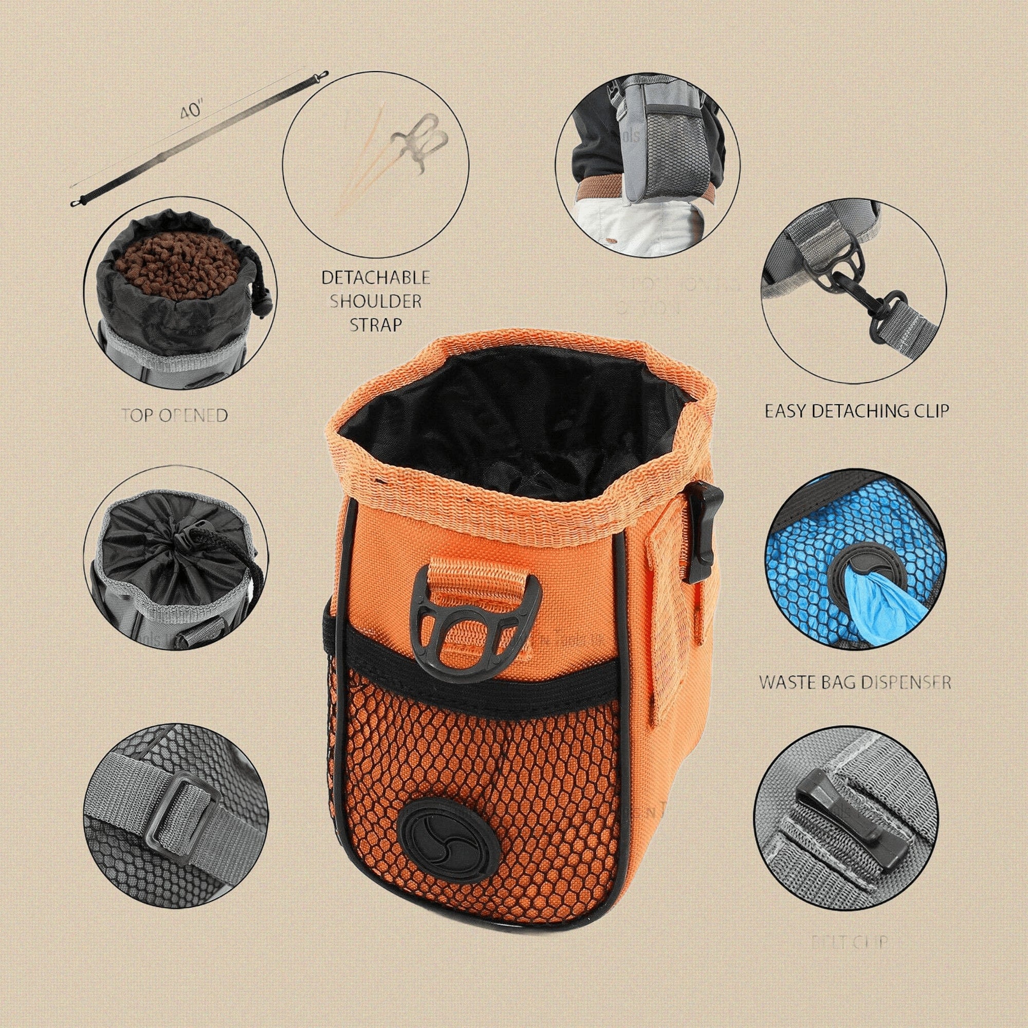 Orange/ Amber Dog Training Treat Pouch, 6 x 3 Inch, Cat, Pet Premium Bag with Detachable Shoulder Strap, Belt Clip, Waste Bag Dispenser for Puppy Obedience Training | Pet Grooming Tools | Toolsmith Ltd UK