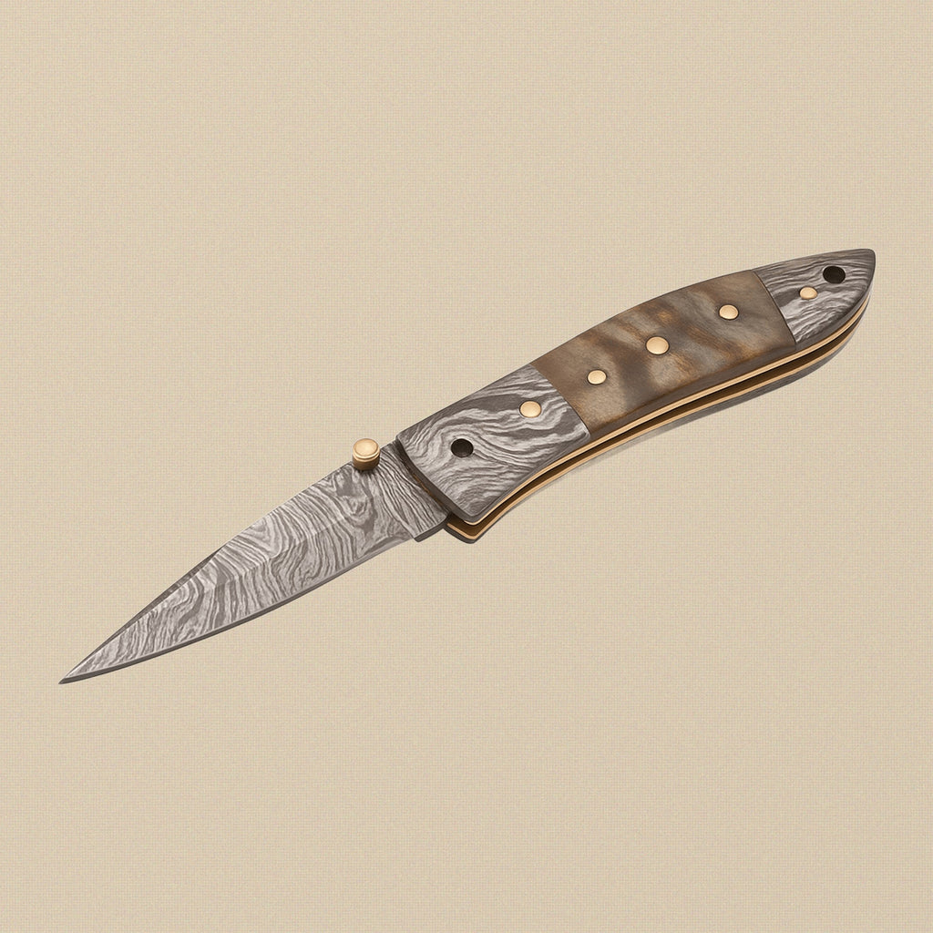 Damascus Steel Folding Knife (7.5") with Ram Horn Handle and Leather Sheath | Folding Knife | Toolsmith Ltd UK