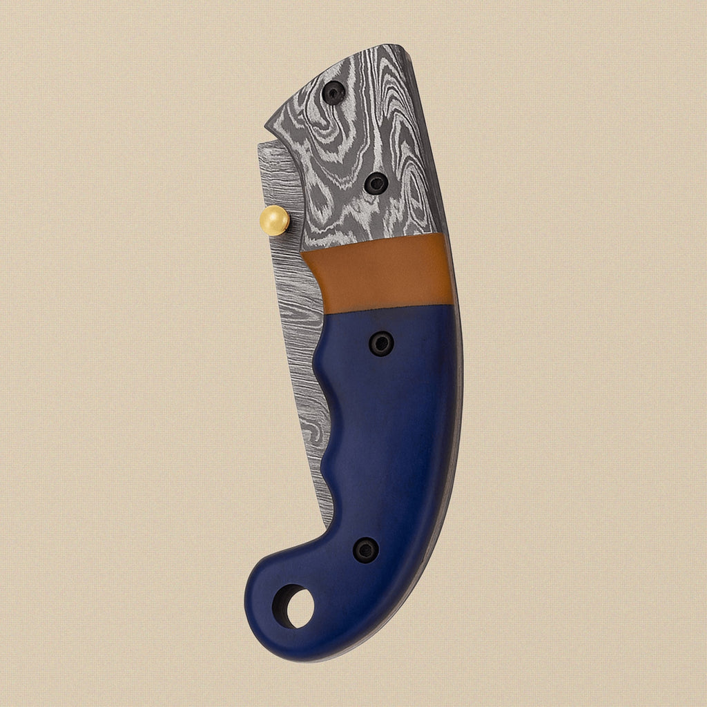 Damascus Steel Folding Knife with Blue Camel Bone Handle & Sheath, 7.5" (190mm) | Folding Knife | Toolsmith Ltd UK