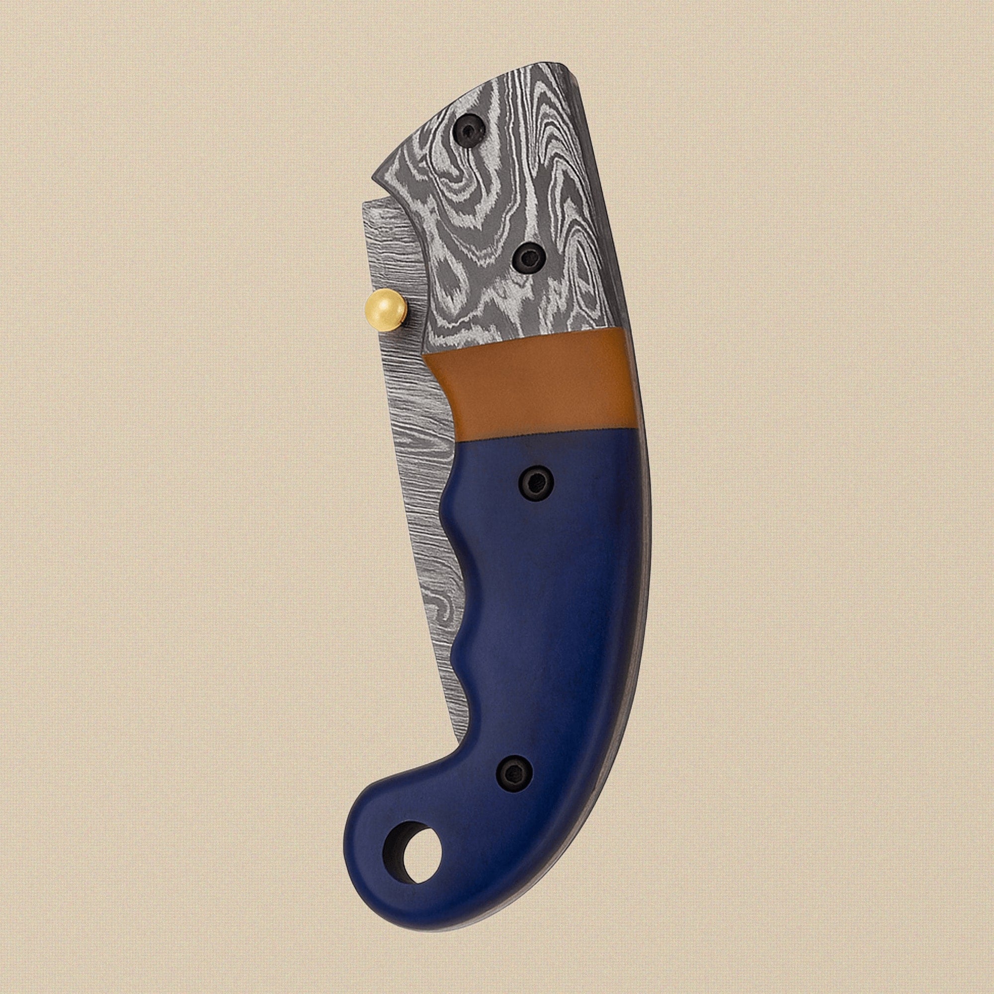 Damascus Steel Folding Knife with Blue Camel Bone Handle & Sheath, 7.5" (190mm) | Folding Knife | Toolsmith Ltd UK