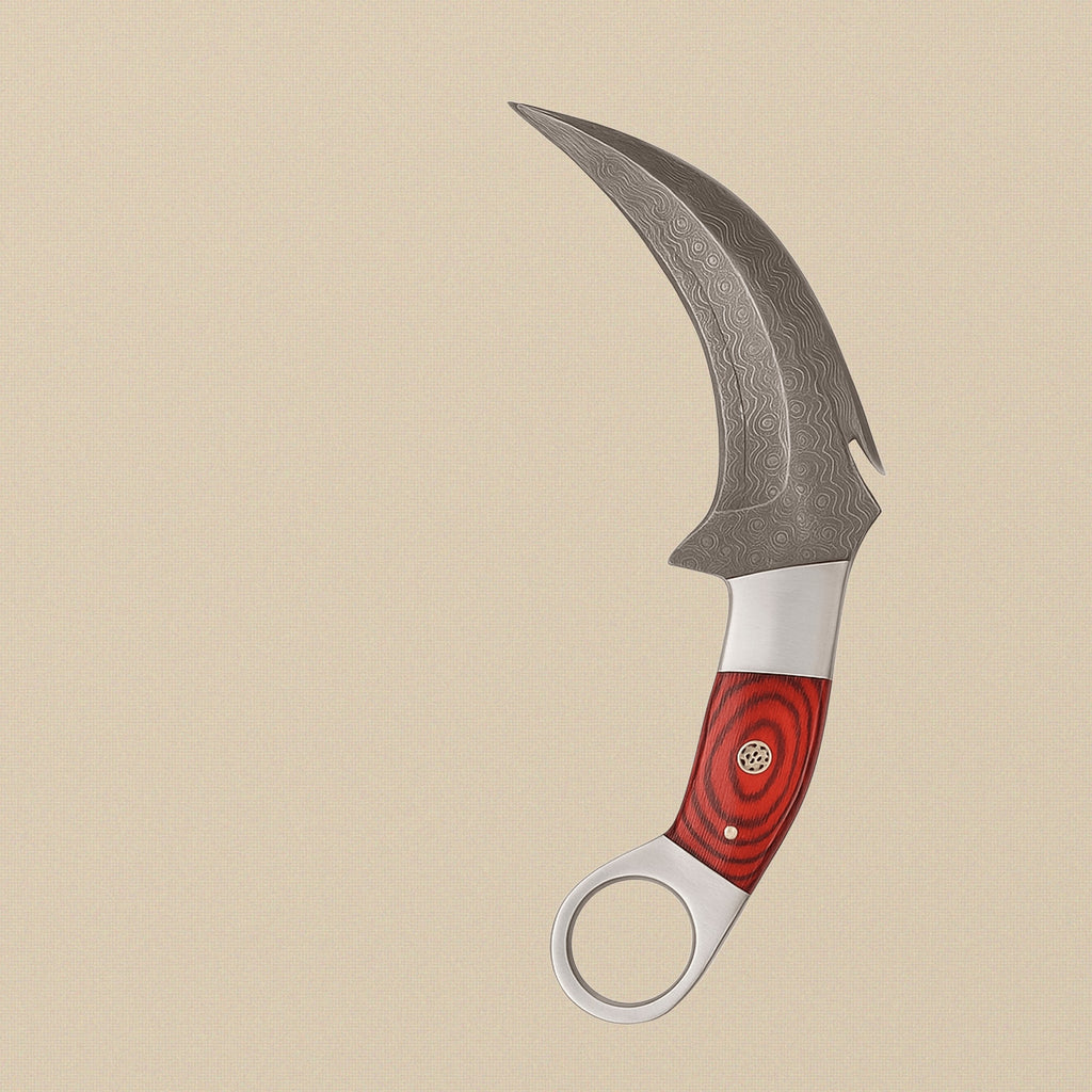 Karambit Knife with 5-Inch Raindrop Damascus Blade and Red Pakkawood Handle | Knife | Toolsmith Ltd UK