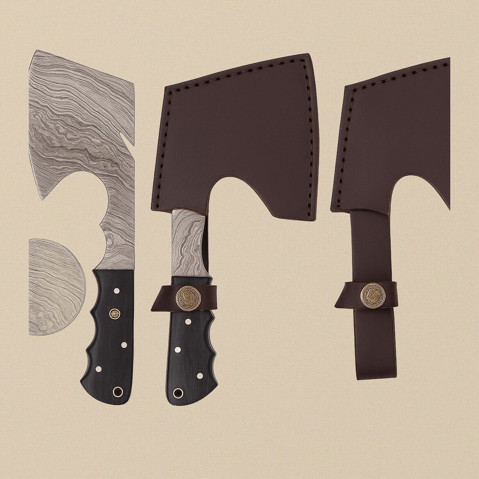 Hand-Forged Damascus Steel Axe, 21.7 cm, with Wood Handle and Leather Sheath | Axes | Toolsmith Ltd UK