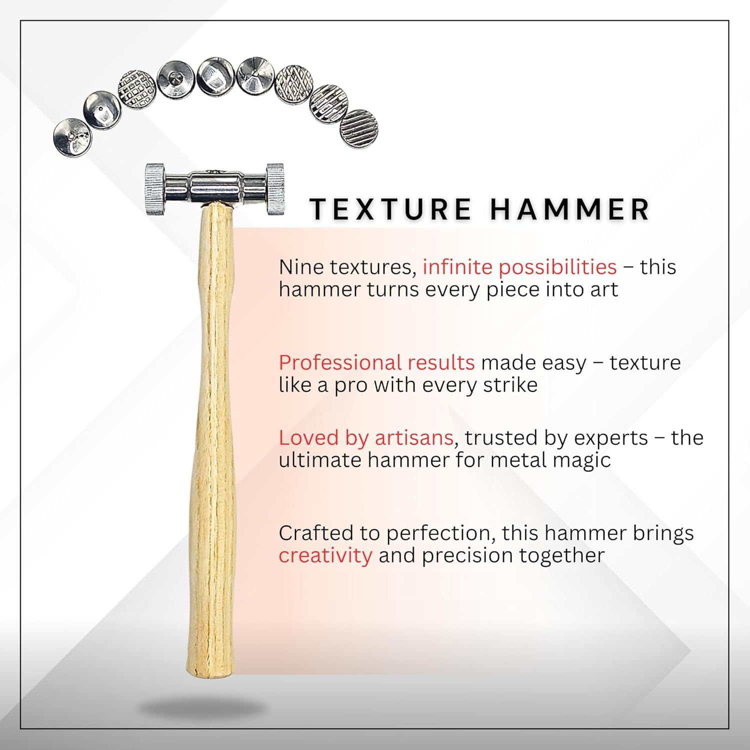Metal Texturing Hammer with 9 Interchangeable Pattern Faces, Professional Metalworking Tool with Wood Handle | Jewellery Making Tools | Toolsmith Ltd UK