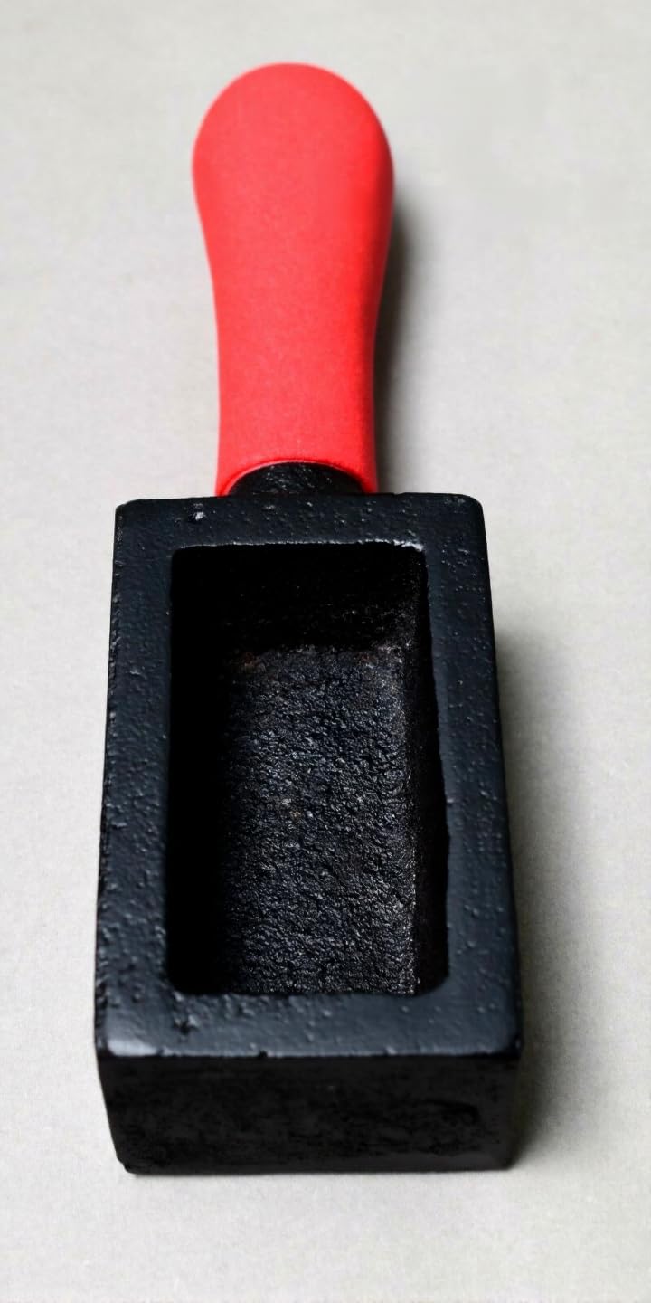 Small Cast Iron Ingot Mould for Gold and Silver Casting, Open Crucible Bar Mould with Red Handle, 70mm x 35mm x 27mm, Rectangular Scrap Metal Furnace Tool | Jewellery Making Tools | Toolsmith Ltd UK