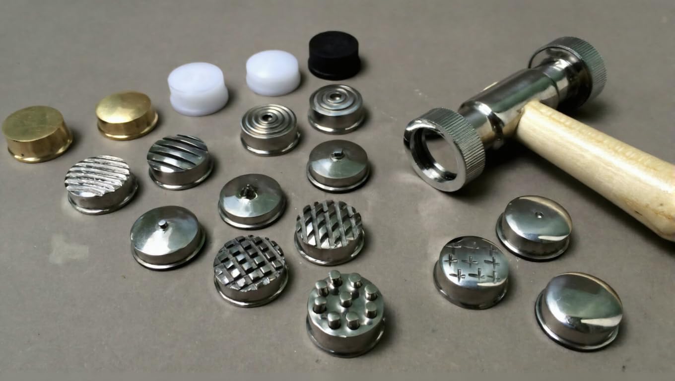 Metal Texturing Hammer Set with 18 Interchangeable Face Patterns, Wooden Handle, Repousse Jewellery Making Tool | Jewellery Making Tools | Toolsmith Ltd UK