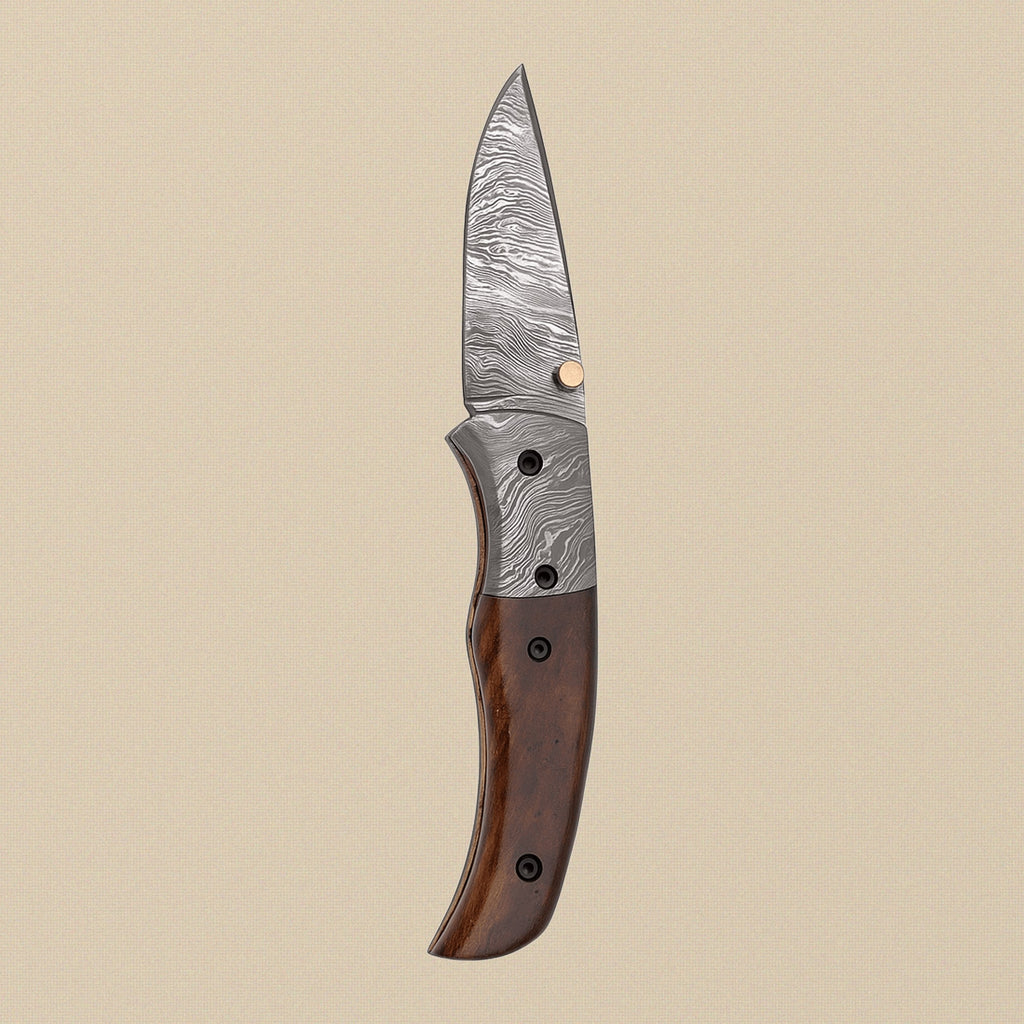 Ram-Horn Handled Damascus Folding Knife with Fire Pattern Blade & Sheath, 7.5-inch | Folding Knife | Toolsmith Ltd UK