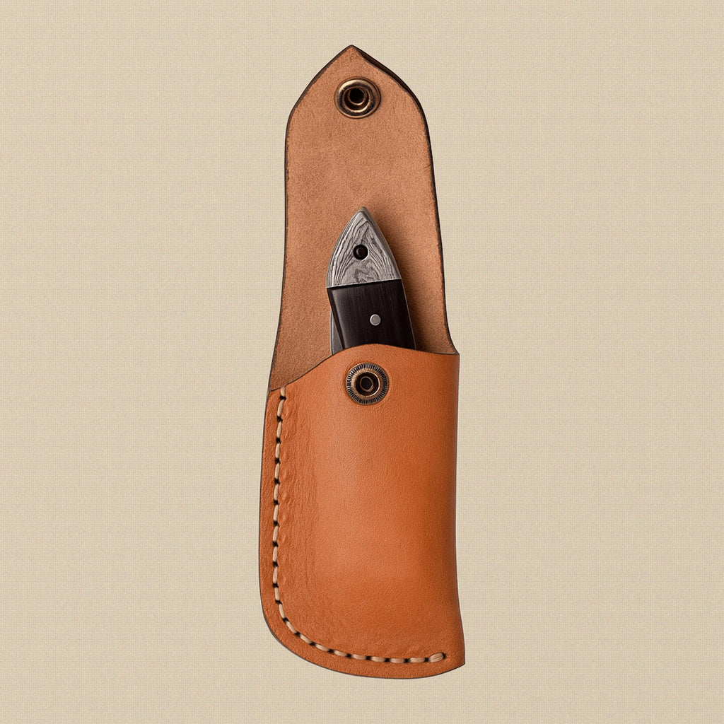 Buffalo Horn Handled Folding Knife with 76mm Damascus Steel Blade and Leather Sheath | Folding Knife | Toolsmith Ltd UK