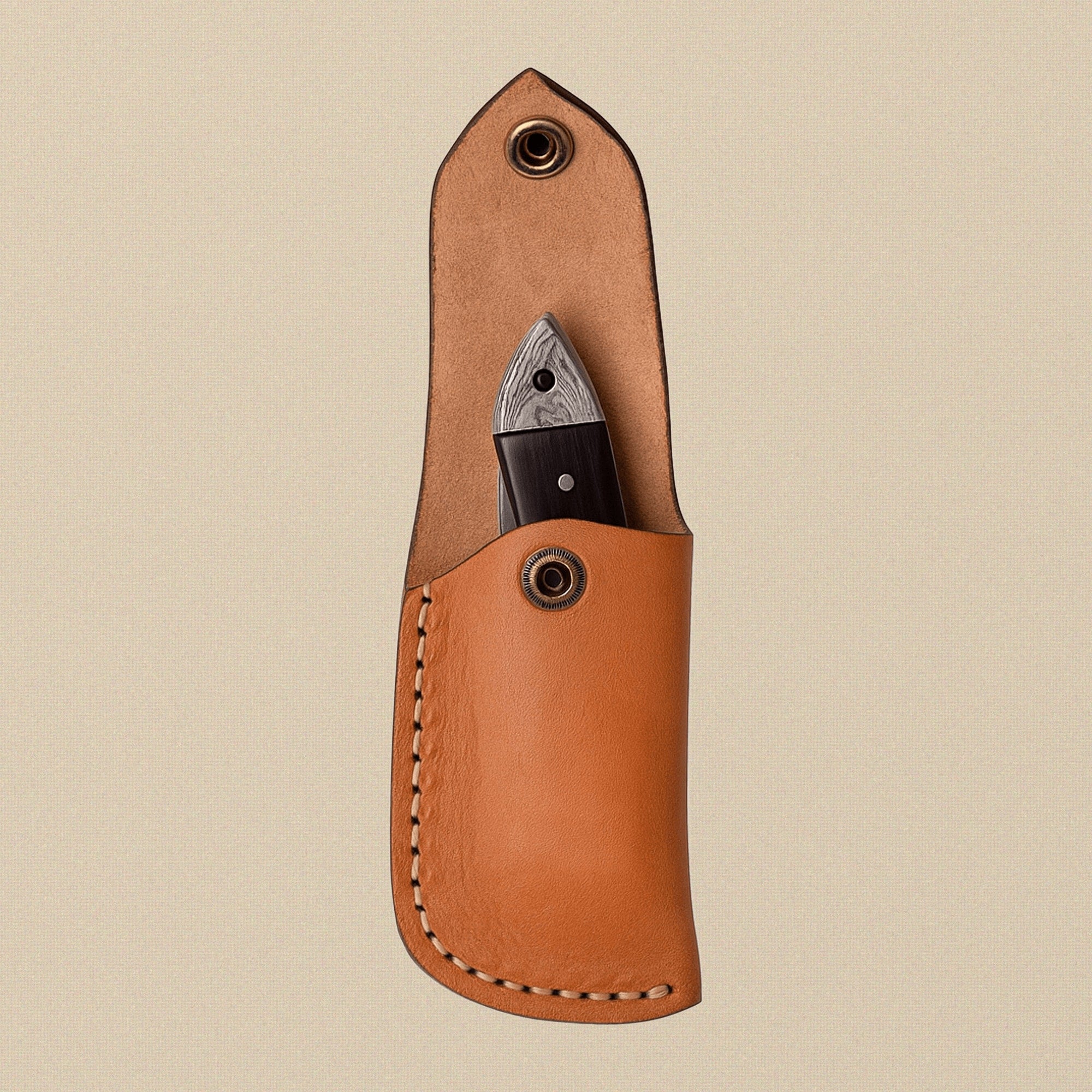 Buffalo Horn Handled Folding Knife with 76mm Damascus Steel Blade and Leather Sheath | Folding Knife | Toolsmith Ltd UK