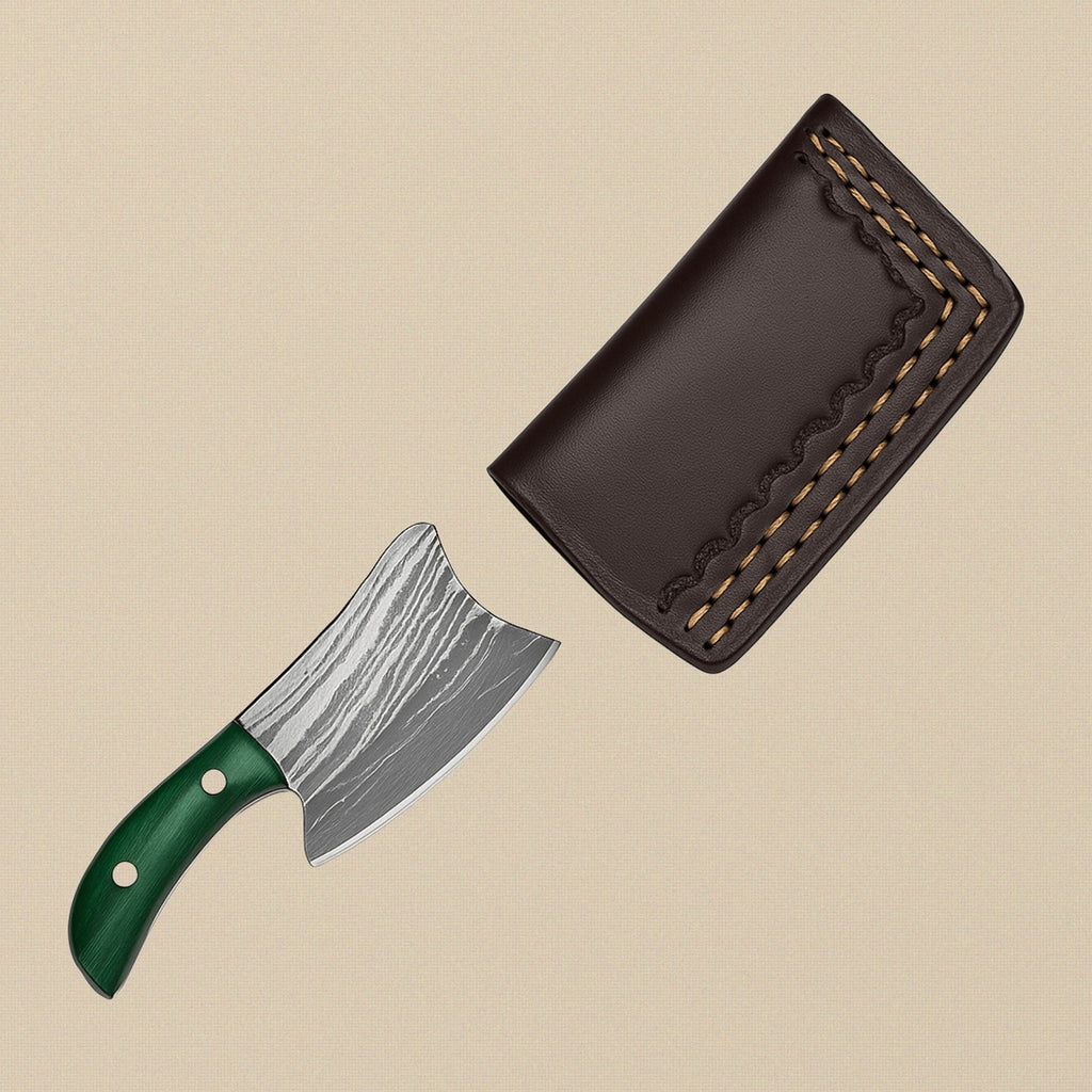 Miniature Skinner Knife, 51mm Damascus Steel Blade with Pakkawood Handle and Leather Sheath | Knife | Toolsmith Ltd UK