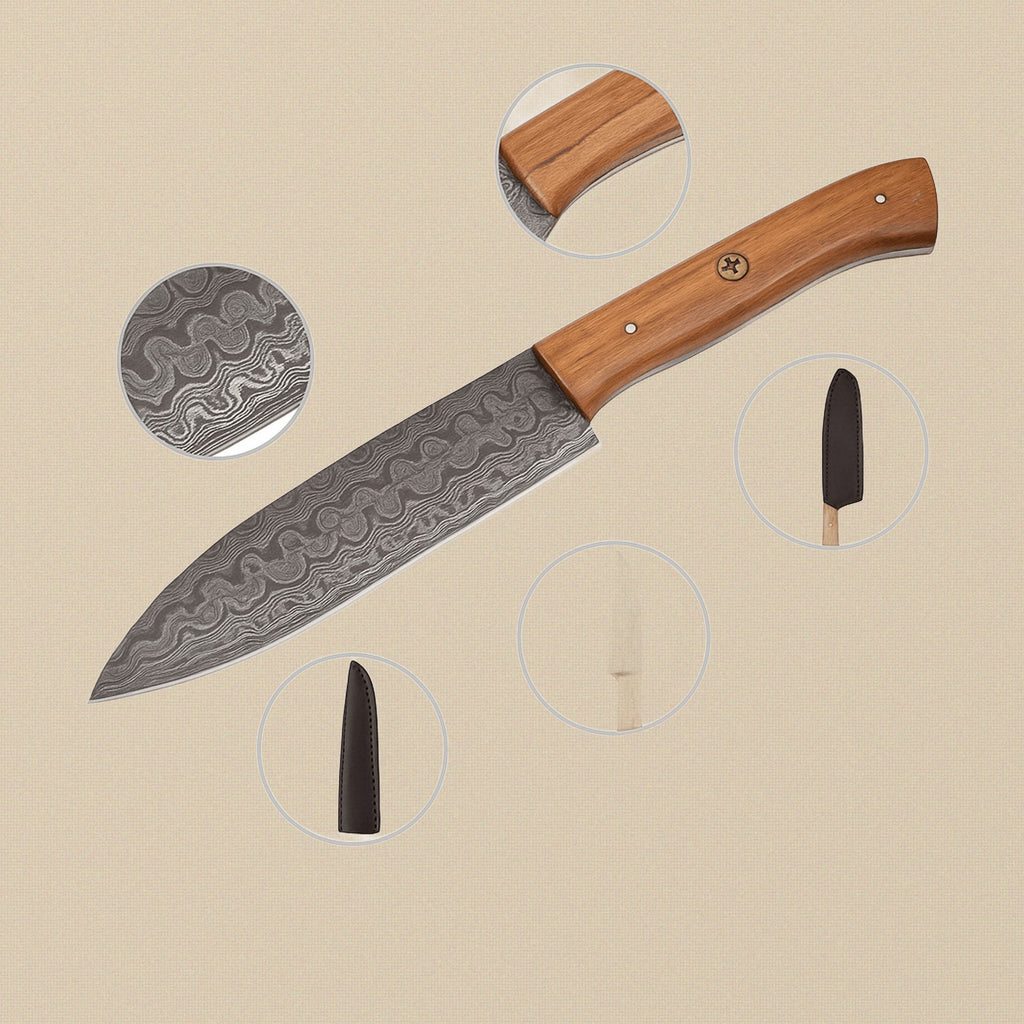 Four-Piece Damascus Chef Knife Set with Rosewood Handles and Leather Sheaths | Chef Knife Set | Toolsmith Ltd UK