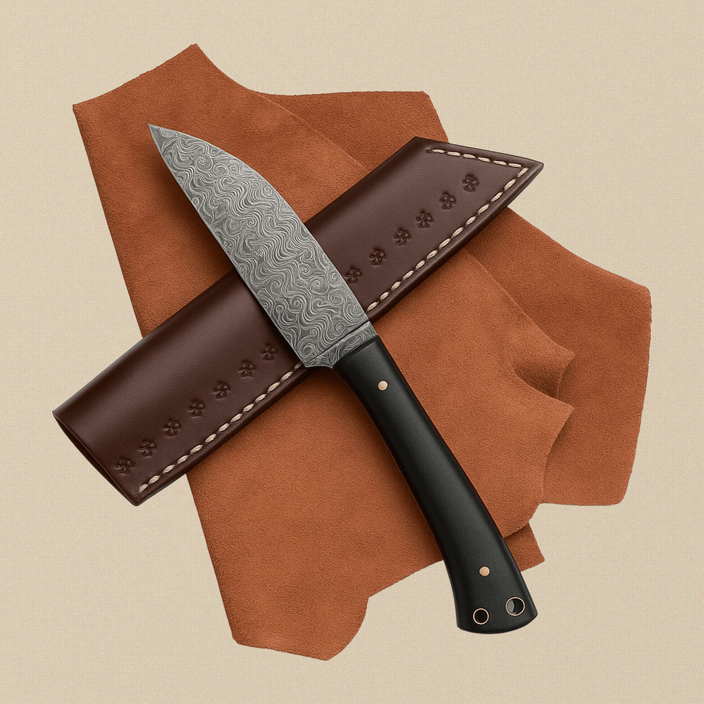 Damascus Steel 6-Piece Chef Knife Set with Black Micarta Handles & Leather Sheaths | Knife Set | Toolsmith Ltd UK