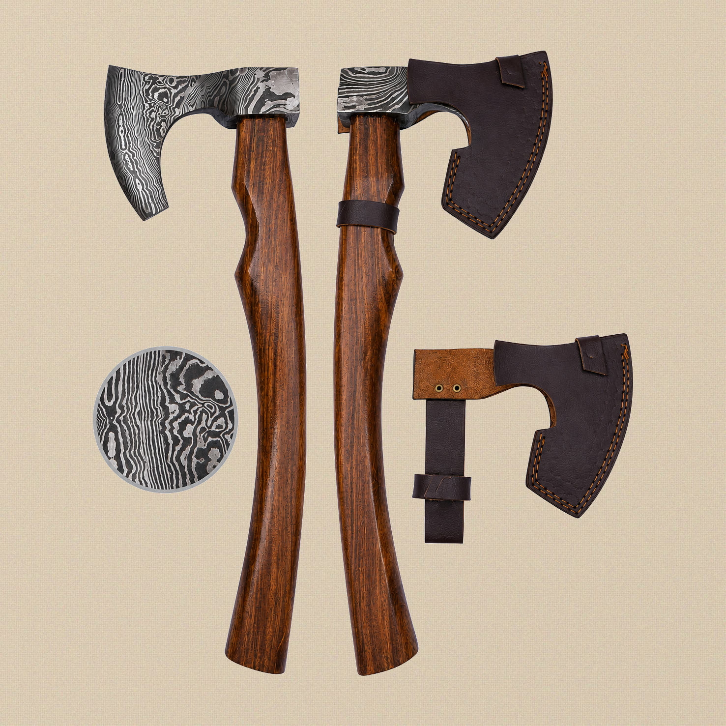 Damascus Steel Hatchet 15.5-inch with Walnut Wood Handle and Leather Sheath | Axe | Toolsmith Ltd UK