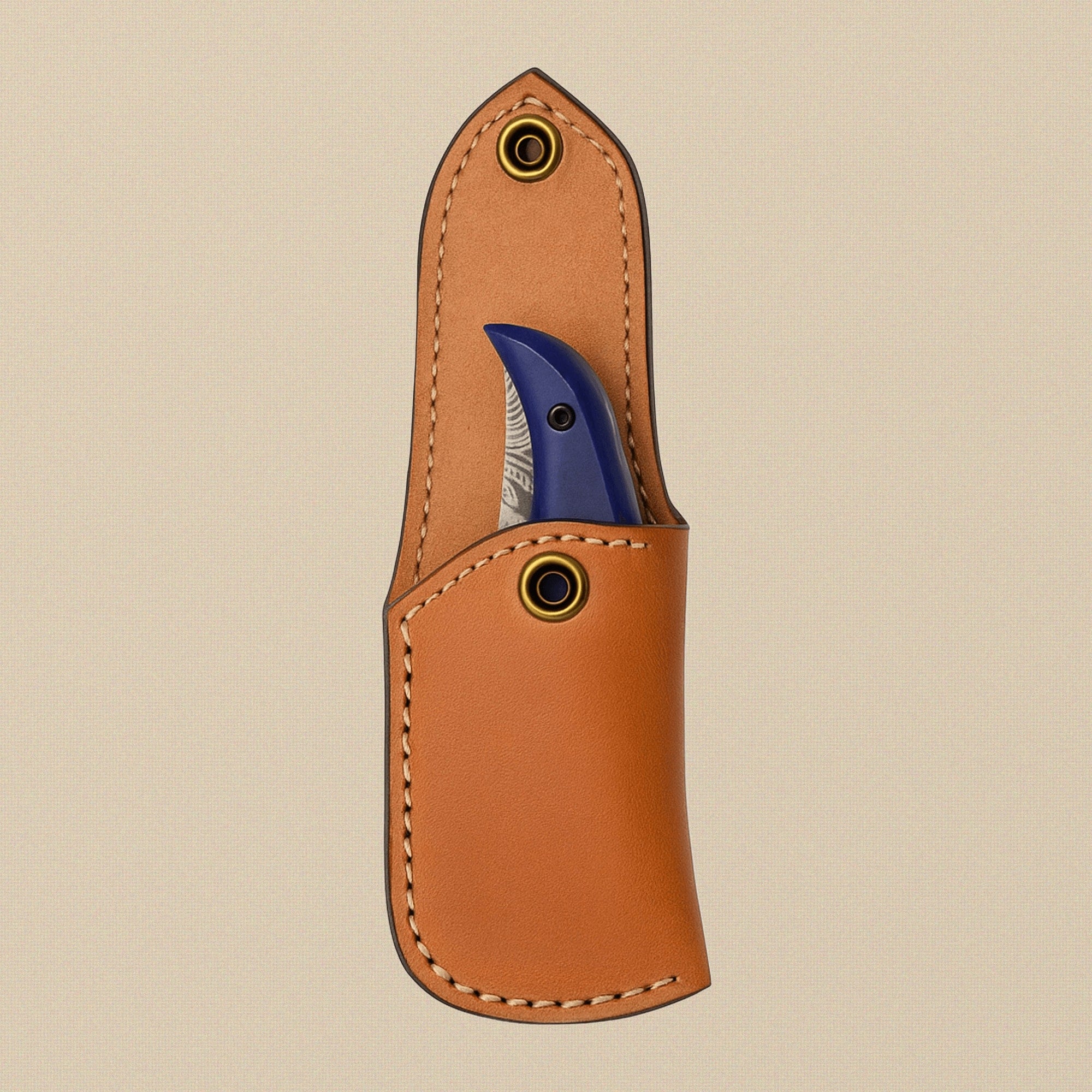 Damascus Steel Folding Knife with Blue Camel Bone Handle & Sheath, 191mm (7.5") | Folding Knife | Toolsmith Ltd UK