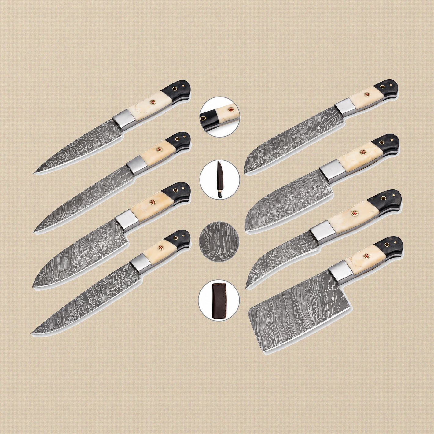 8-Piece Damascus Steel Chef Knife Set with Camel Bone & Micarta Handles and Leather Sheaths | Knife Set | Toolsmith Ltd UK
