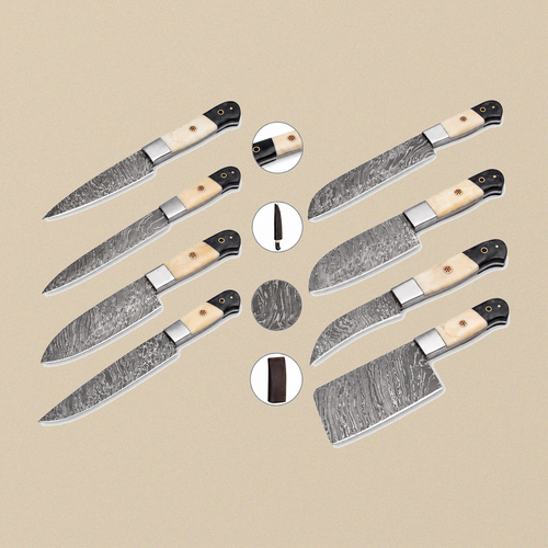 8-piece Damascus steel chef knife set with cream bone and black micarta handles laid out, with sheath and handle insets