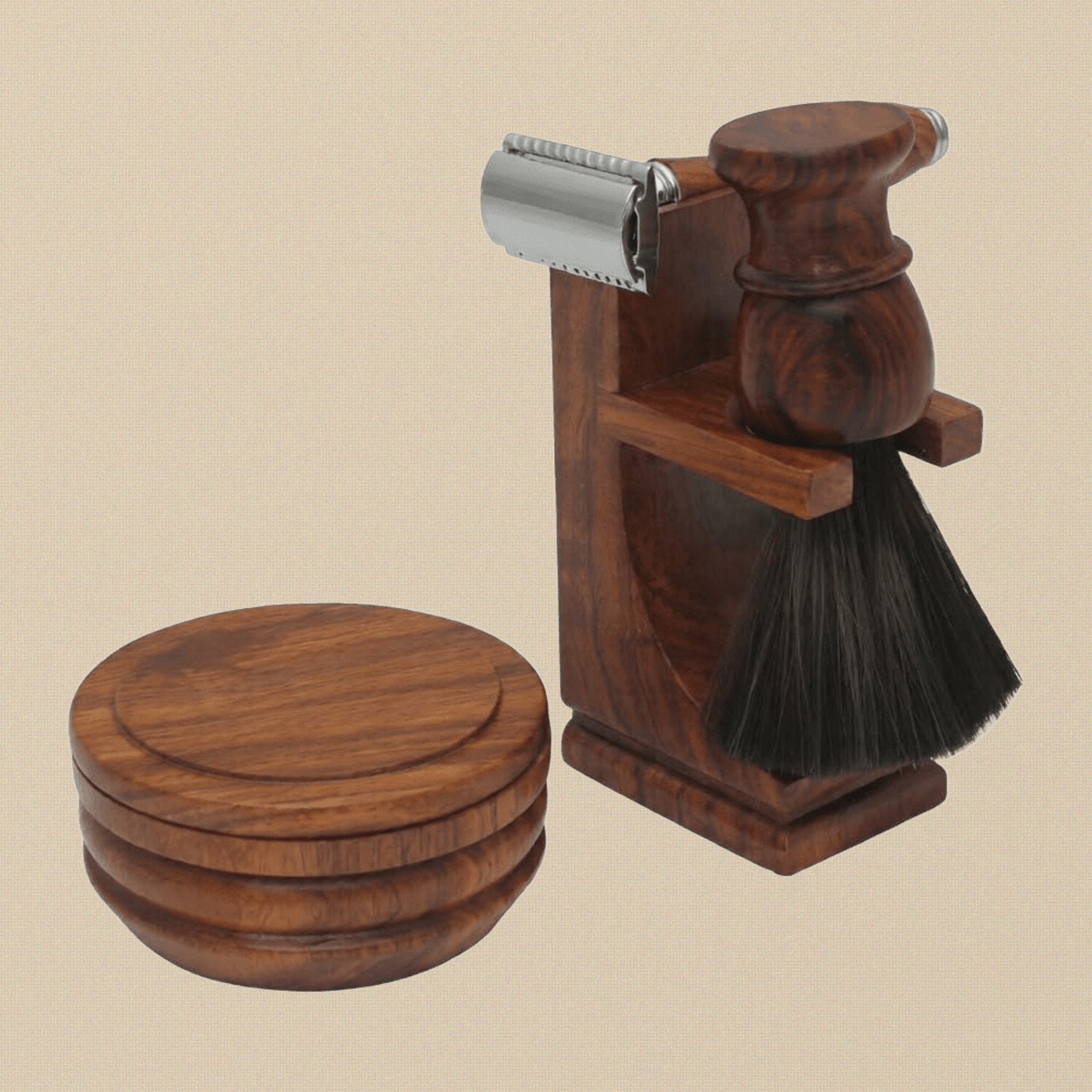 Premium 4 Piece Wooden Shaving Kit with Horse Hair Brush, Double Edge Razor, Stand and Soap Bowl, Natural Polished Wood | Pet Grooming Tools | Toolsmith Ltd UK