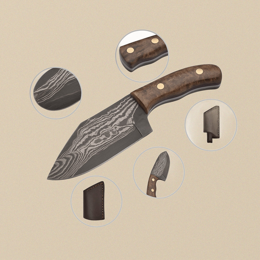 Miniature Damascus Skinner Knife, 50mm Blade, with Micarta Handle and Leather Sheath | Knife | Toolsmith Ltd UK