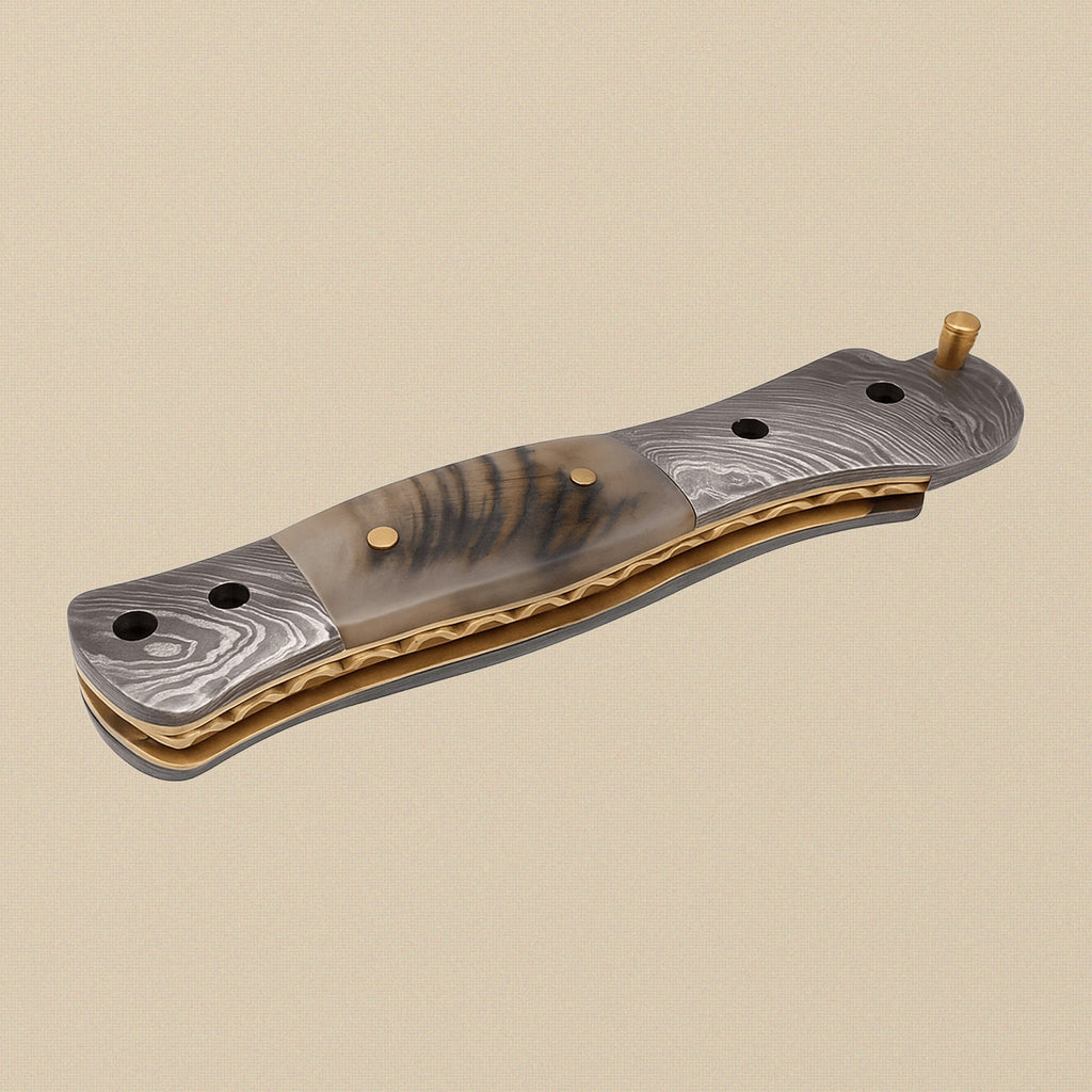 Ram-Horn Handled Folding Knife with Fire Pattern Damascus Blade & Leather Sheath, 190mm | Folding Knife | Toolsmith Ltd UK