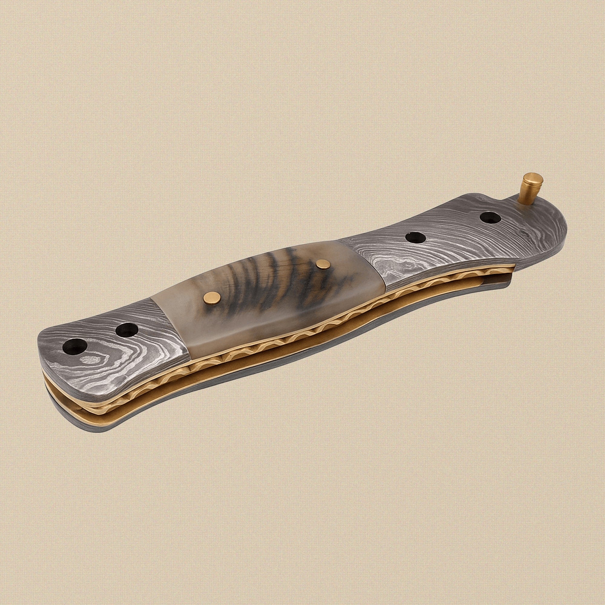 Ram-Horn Handled Folding Knife with Fire Pattern Damascus Blade & Leather Sheath, 190mm | Folding Knife | Toolsmith Ltd UK