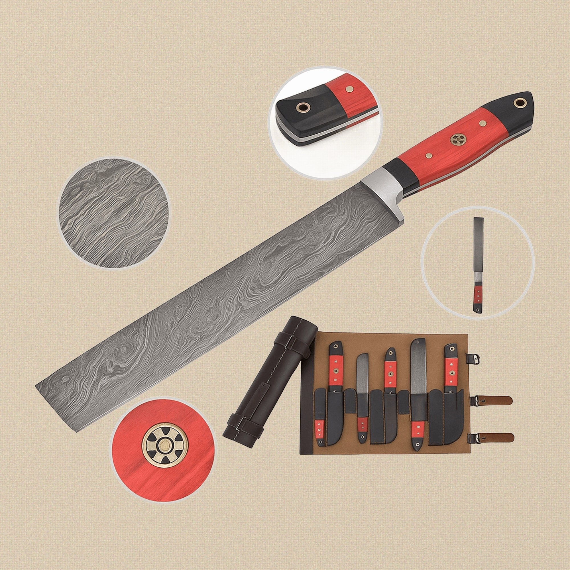 Hand-Forged Damascus Steel Kitchen Knife with Red Pakkawood Handle | Kitchen Knife | Toolsmith Ltd UK