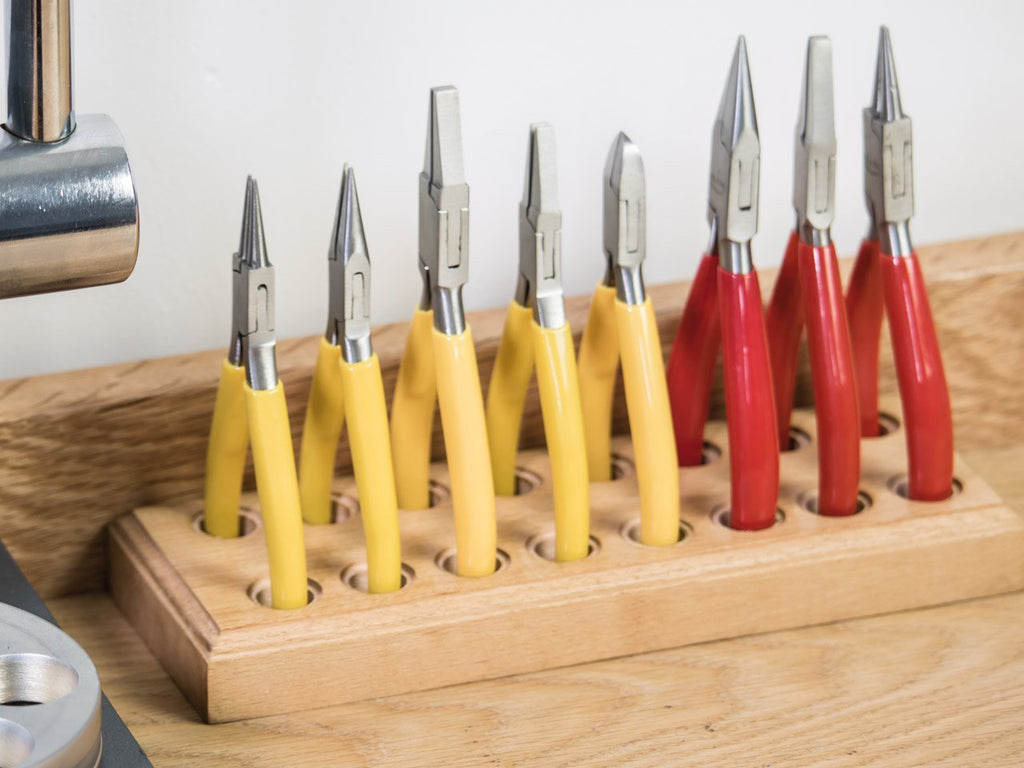 Wooden 8 Pliers Organiser Stand, 16-Hole Tool Holder Rack for Jewellers Bench | Jewellery Making Tools | Toolsmith Ltd UK