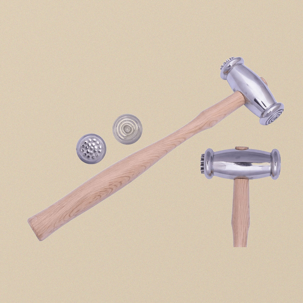 Dual Sided Texturing Hammer with Wide Circles and Dots, Metal Smithing Jewellery Tool for Repousse Work, Wooden Handle | Jewellery Making Tools | Toolsmith Ltd UK