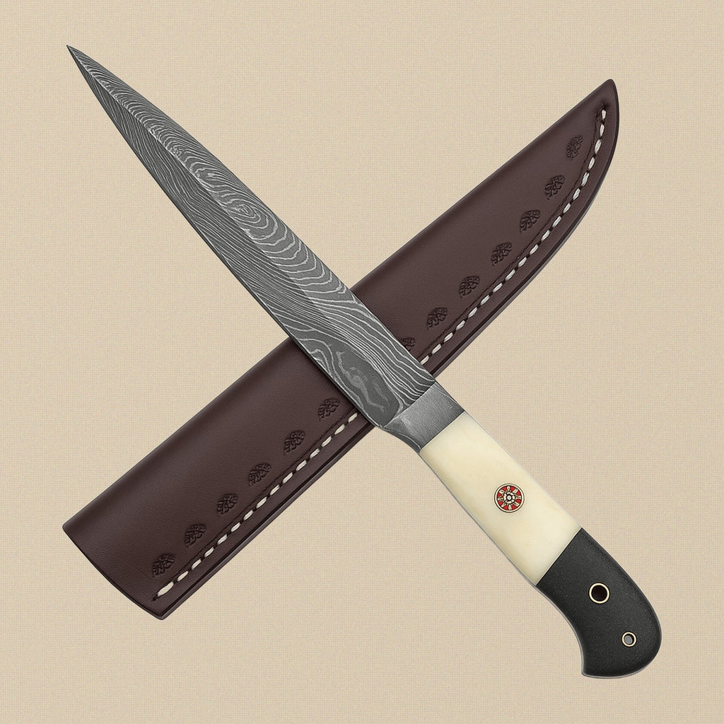 8-Piece Damascus Steel Chef Knife Set with Camel Bone & Micarta Handles and Leather Sheaths | Knife Set | Toolsmith Ltd UK