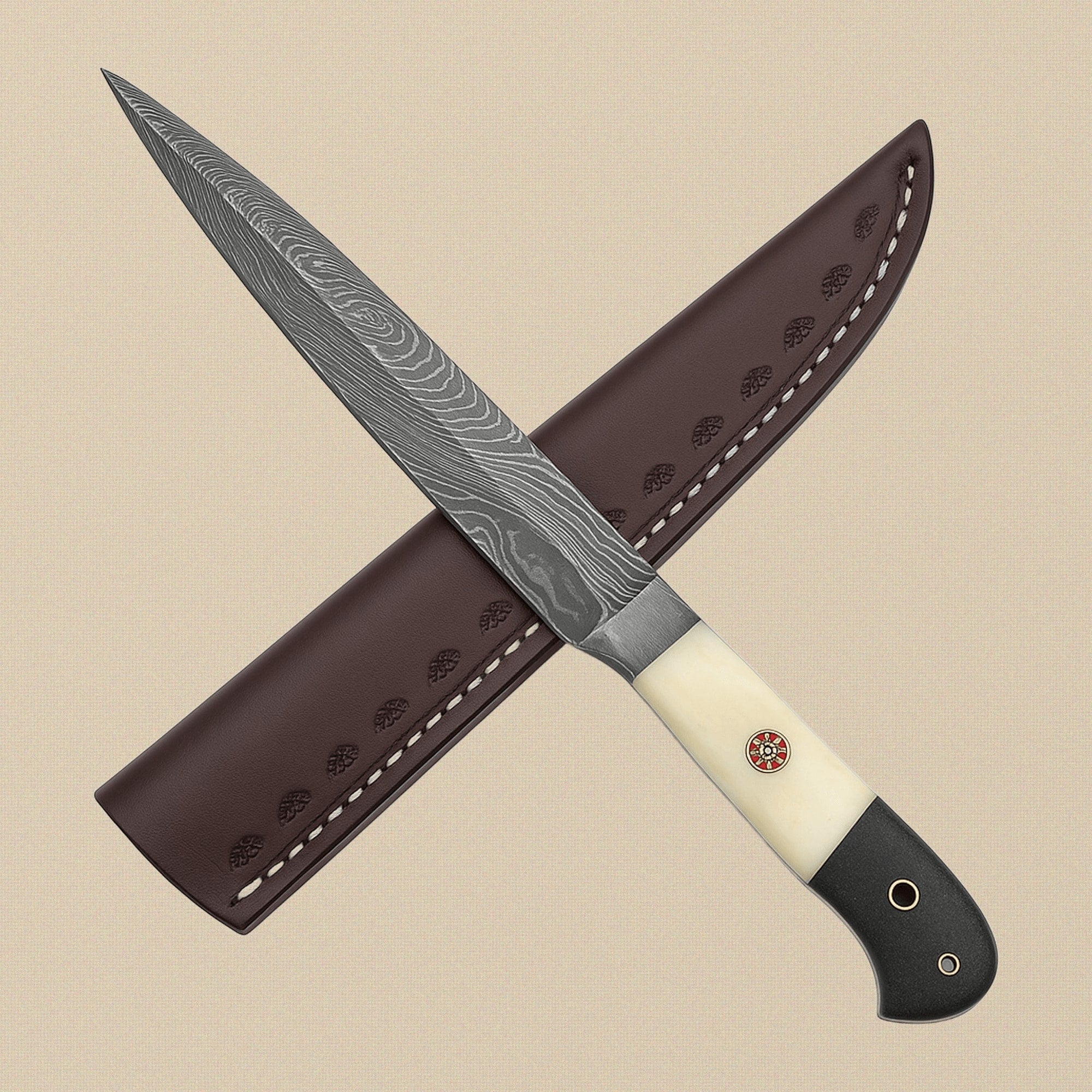 8-Piece Damascus Steel Chef Knife Set with Camel Bone & Micarta Handles and Leather Sheaths | Knife Set | Toolsmith Ltd UK