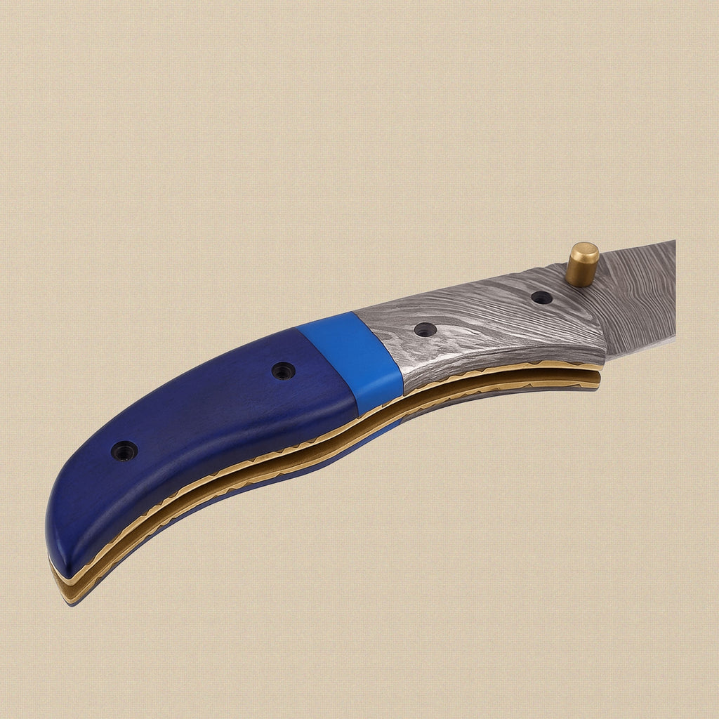 Damascus Steel Folding Knife with Blue Camel Bone Handle & Sheath, 191mm (7.5") | Folding Knife | Toolsmith Ltd UK