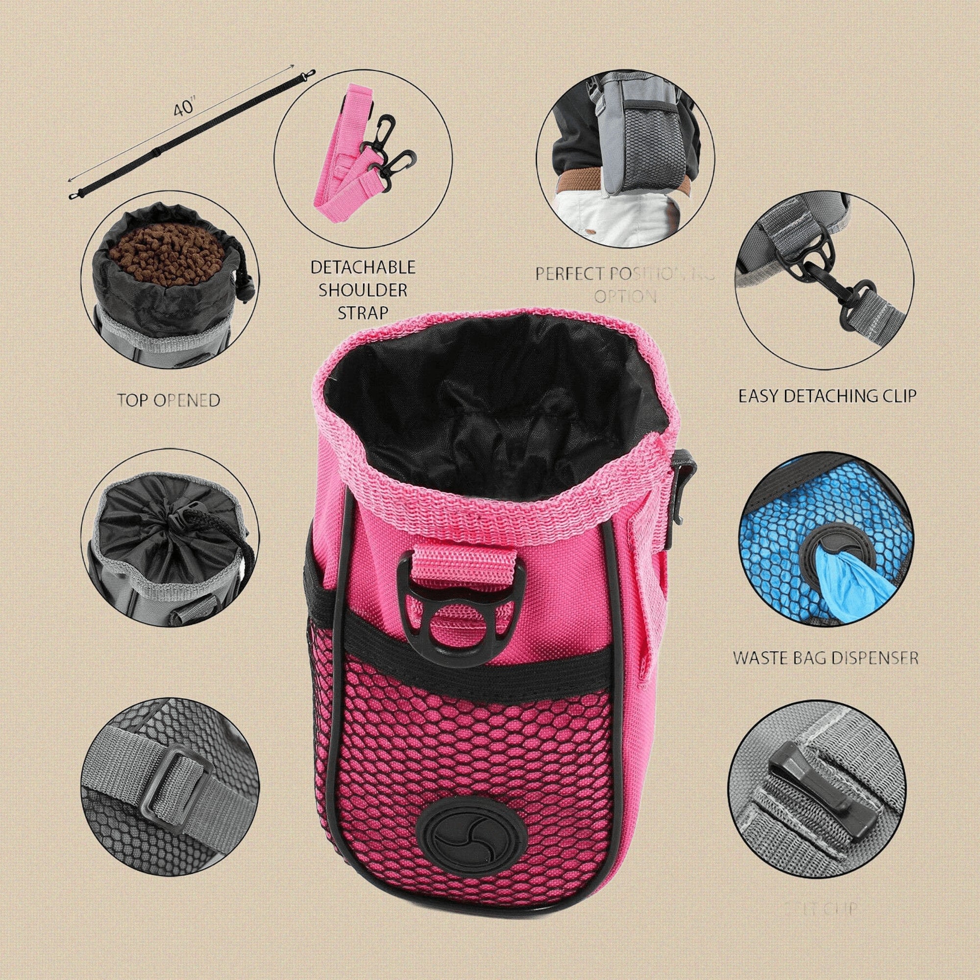 Pink Dog Training Treat Pouch, Mesh Pocket Cat Pet Reward Premium Bag with Detachable Shoulder Strap, 6" x 3", Puppy Obedience Training Dispenser, Belt Clip | Pet Grooming Tools | Toolsmith Ltd UK