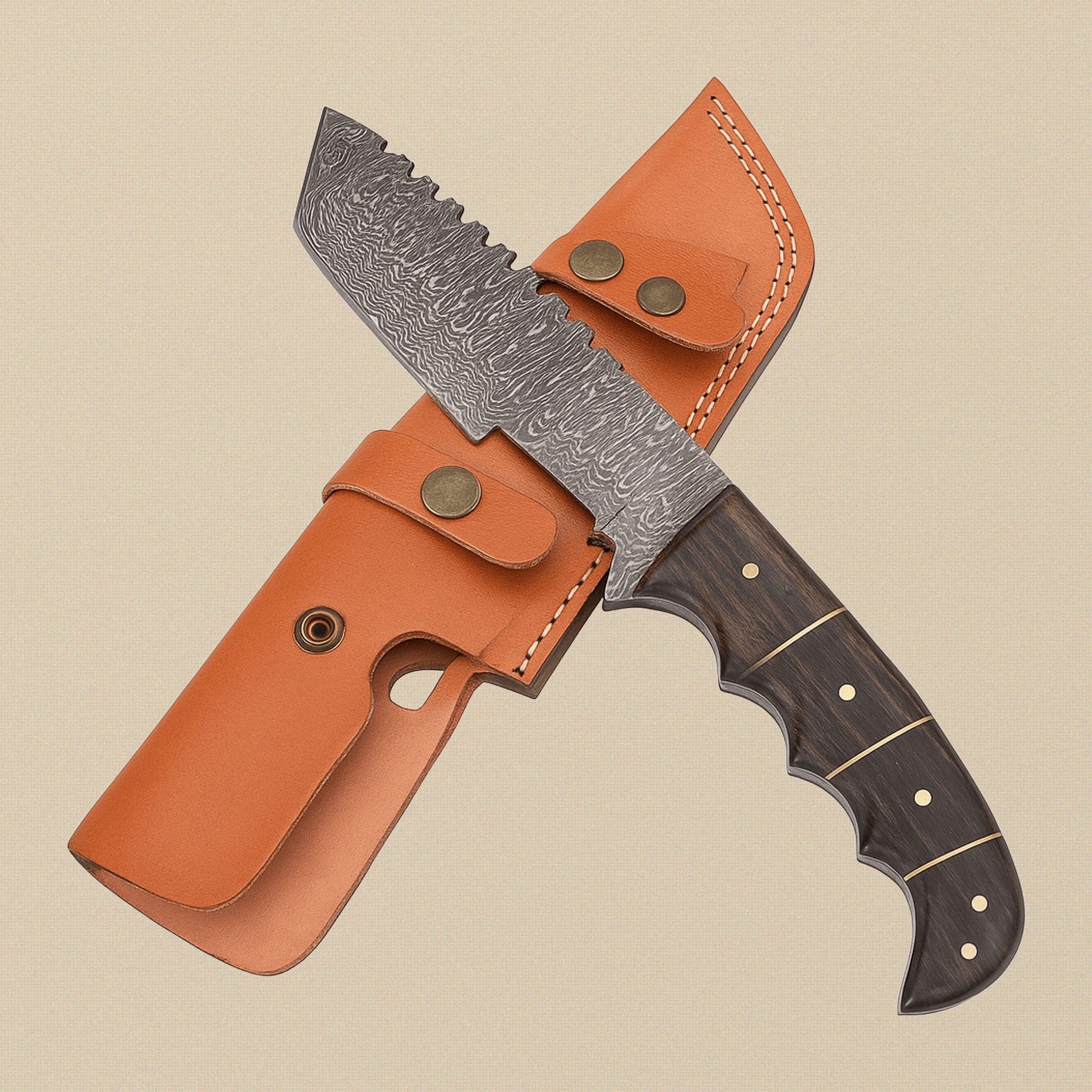 Damascus Steel Tracker Knife (8-inch Blade) with Ram Horn Handle and Leather Sheath | Knives | Toolsmith Ltd UK