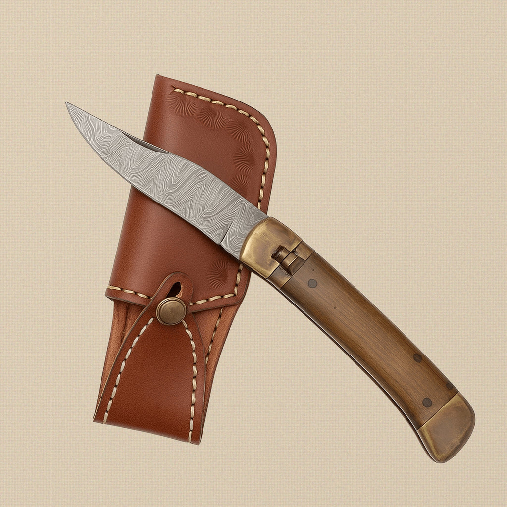 Damascus Steel Folding Knife with 4.1-inch Blade, Micarta Handle and Leather Sheath | Utility Knife | Toolsmith Ltd UK