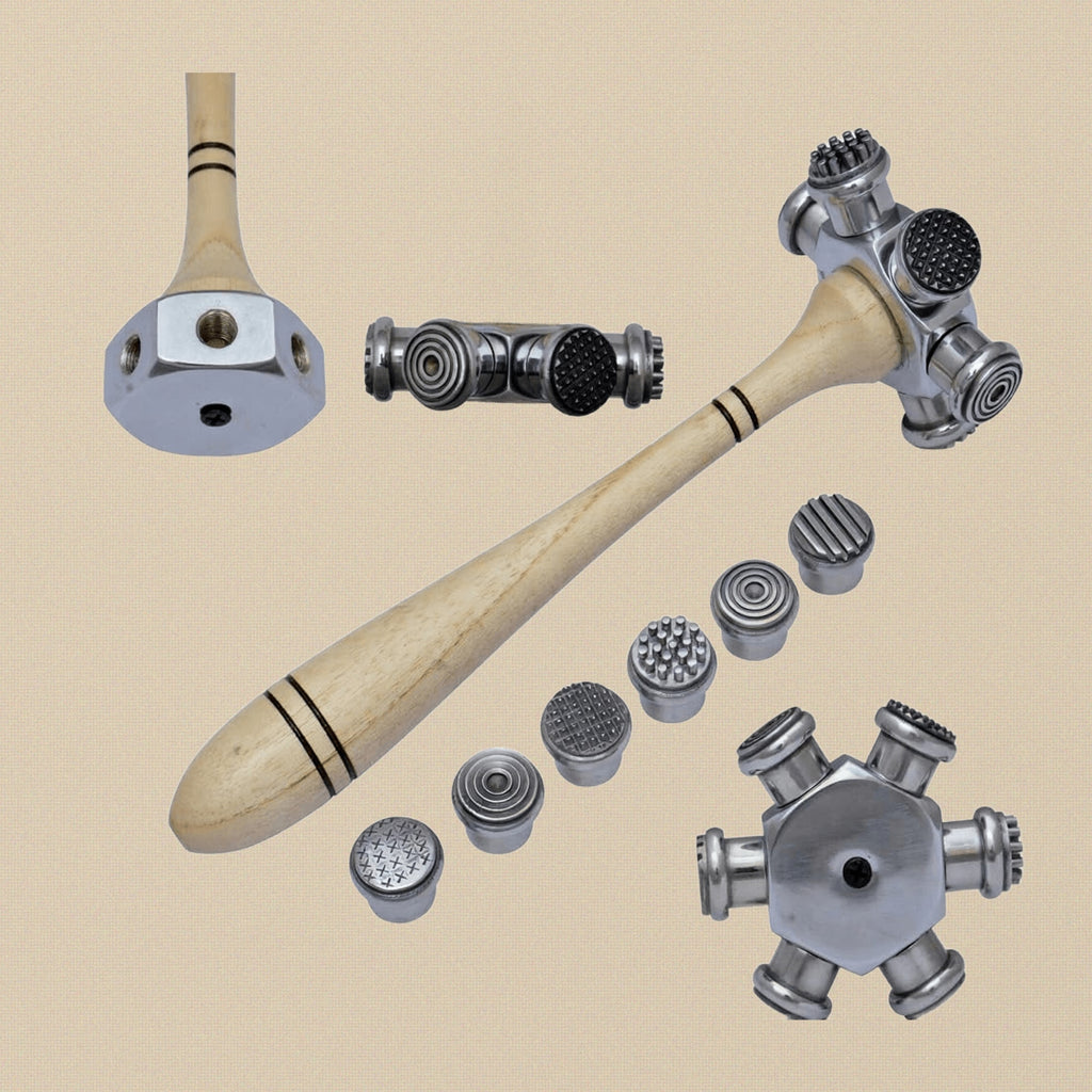 6 in 1 Texture Hammer with Interchangeable Heads, Round Multi-Pattern Metal Forming Tool with Wood Handle | Jewellery Making Tools | Toolsmith Ltd UK