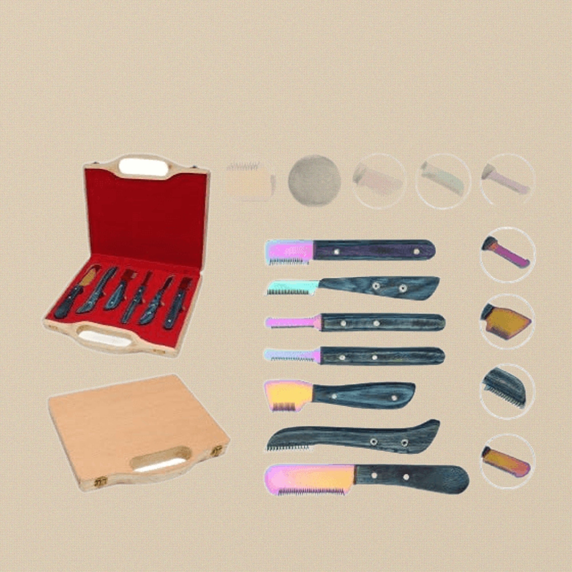 6-Piece Blue Multi Blade Pet Grooming Stripping Knife Set, Stainless Steel Right Handed Combs, Wooden Handle Brushes Come in Storage Box for Cat and Dog | Pet Grooming Tools | Toolsmith Ltd UK