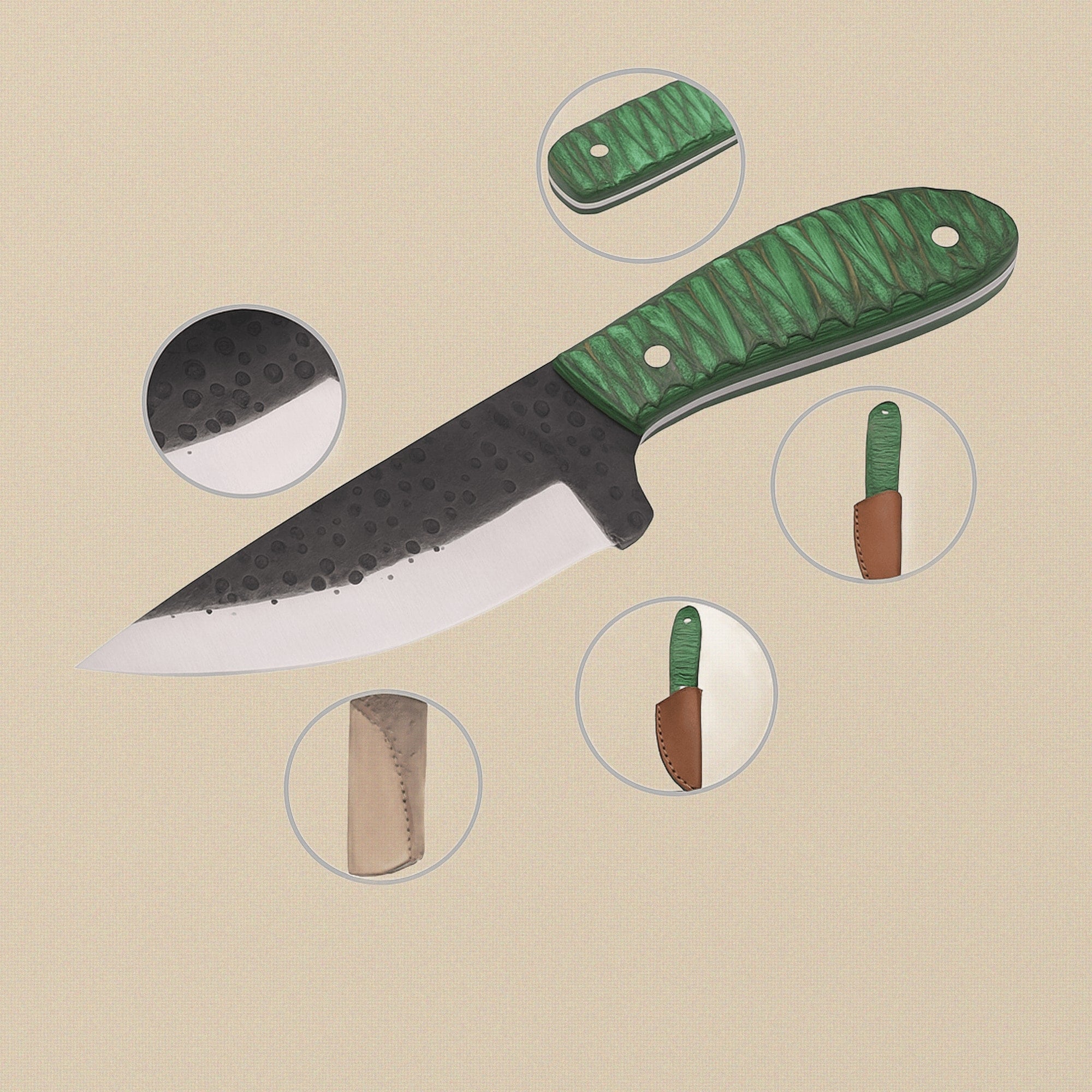 Forged D2 Steel Skinner Knife, 114mm Textured Blade, with Green Pakkawood Handle and Sheath | Knife | Toolsmith Ltd UK