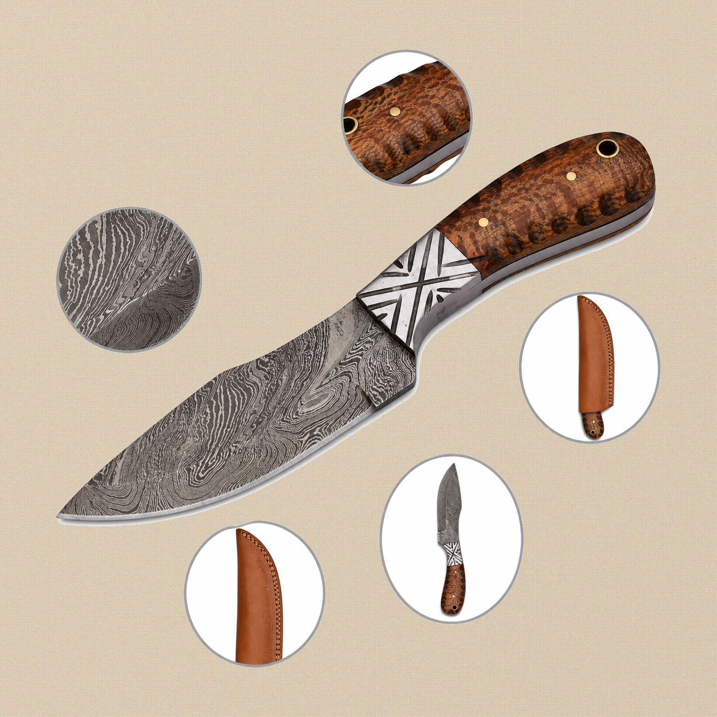 Damascus Steel Skinner Knife (8.6-inch) with Wood Handle and Leather Sheath | Knife | Toolsmith Ltd UK