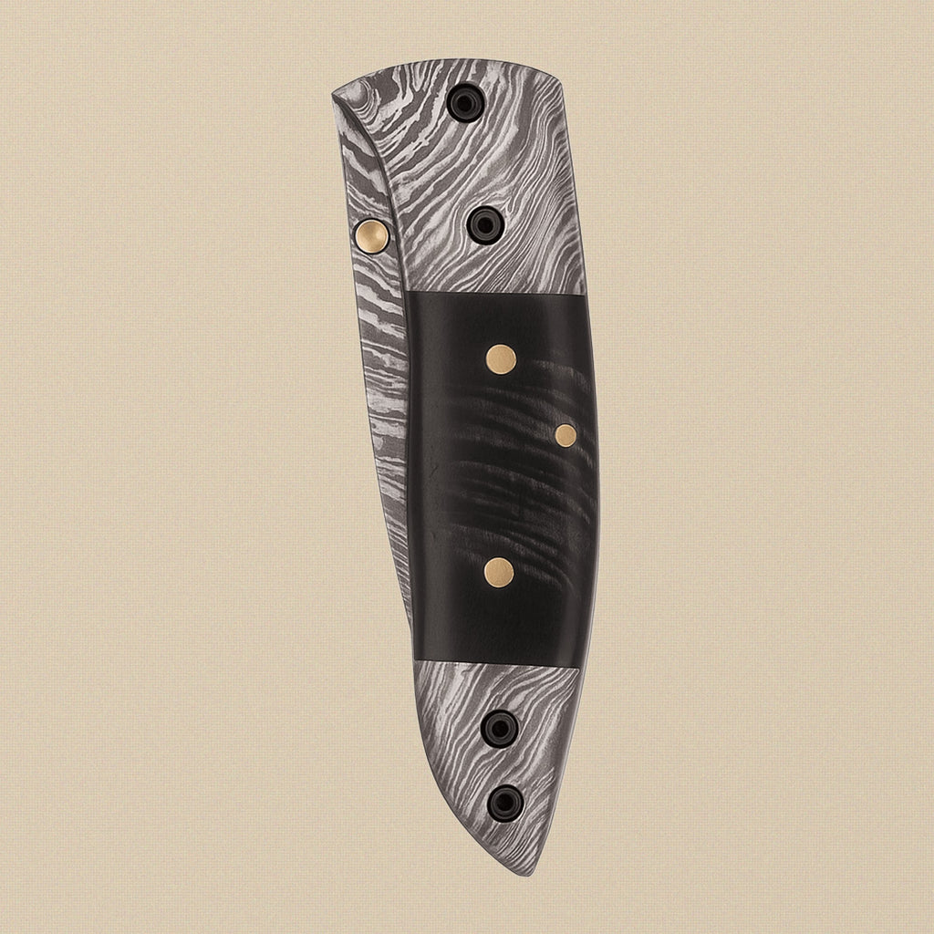 Damascus Steel Folding Knife with Black Ram Horn Handle & Leather Sheath, 7.5-inch | Folding Knife | Toolsmith Ltd UK