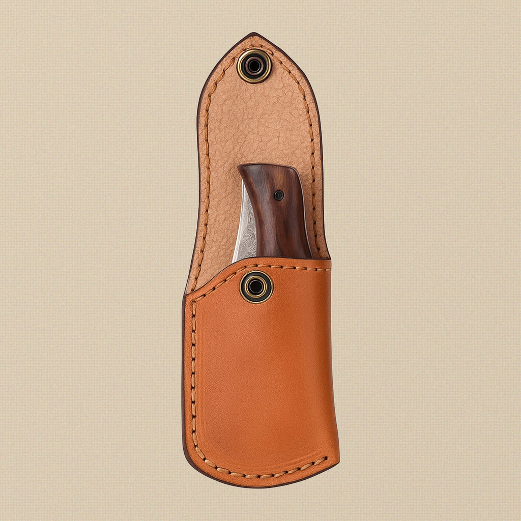 Ram-Horn Handled Damascus Folding Knife with Fire Pattern Blade & Sheath, 7.5-inch | Folding Knife | Toolsmith Ltd UK