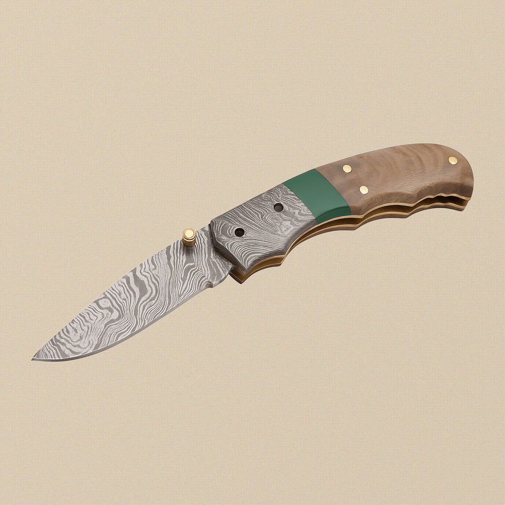 Ram Horn Handled Folding Knife with 76mm Fire Pattern Damascus Blade and Sheath | Folding Knife | Toolsmith Ltd UK