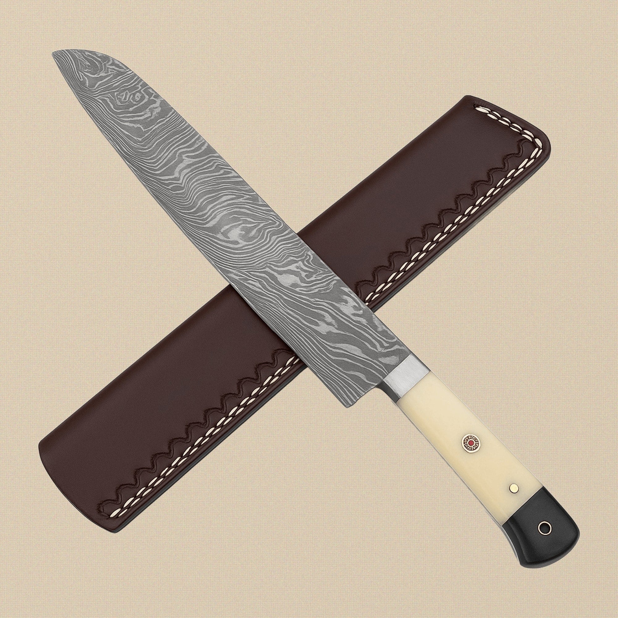 8-Piece Damascus Steel Chef Knife Set with Camel Bone & Micarta Handles and Leather Sheaths | Knife Set | Toolsmith Ltd UK
